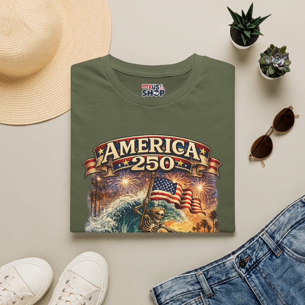 America 250 Venice Beach T-Shirt — Patriotic Vintage Surf & Fireworks Tee