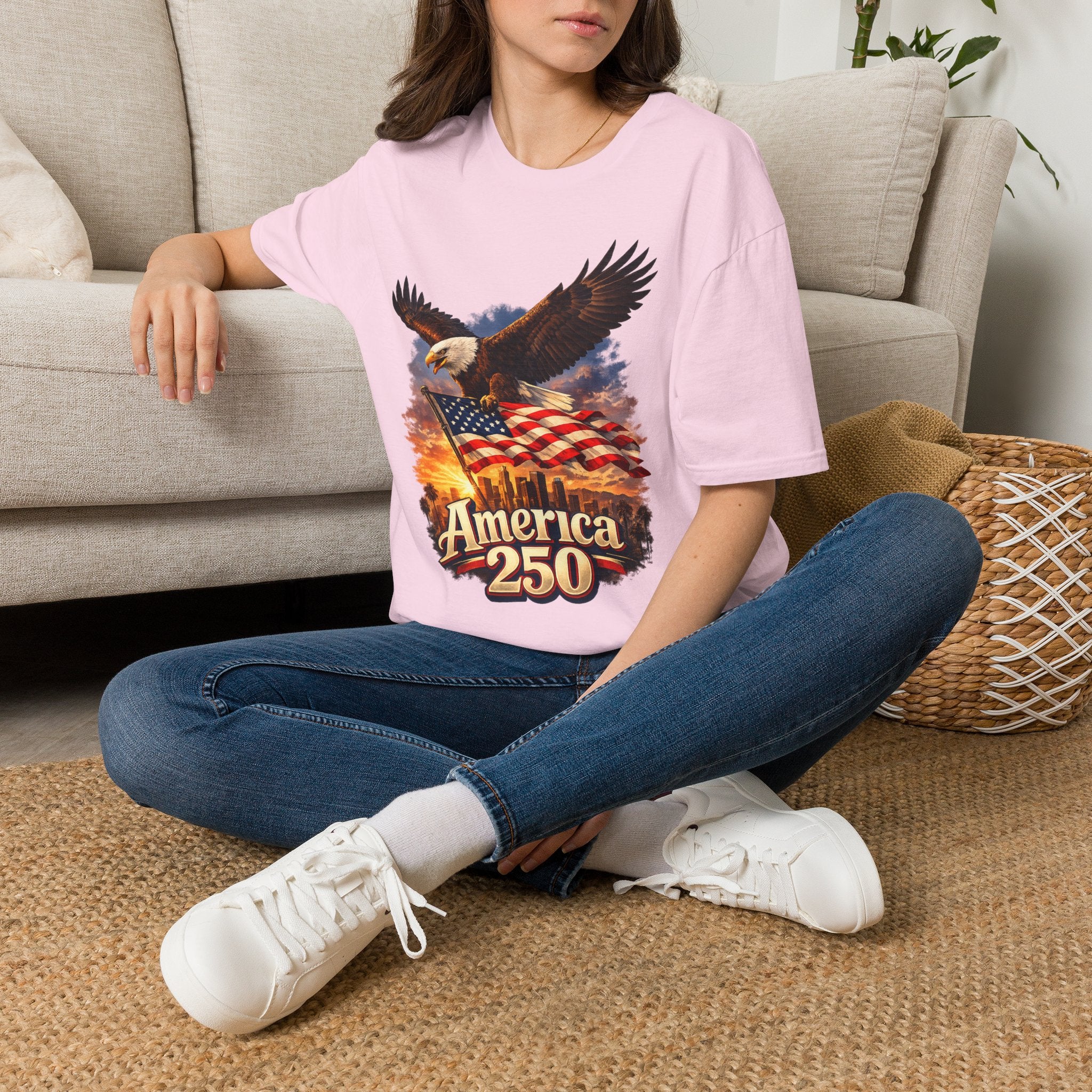America 250 Los Angeles Eagle Flag Skyline Palms Sunset White California Tee