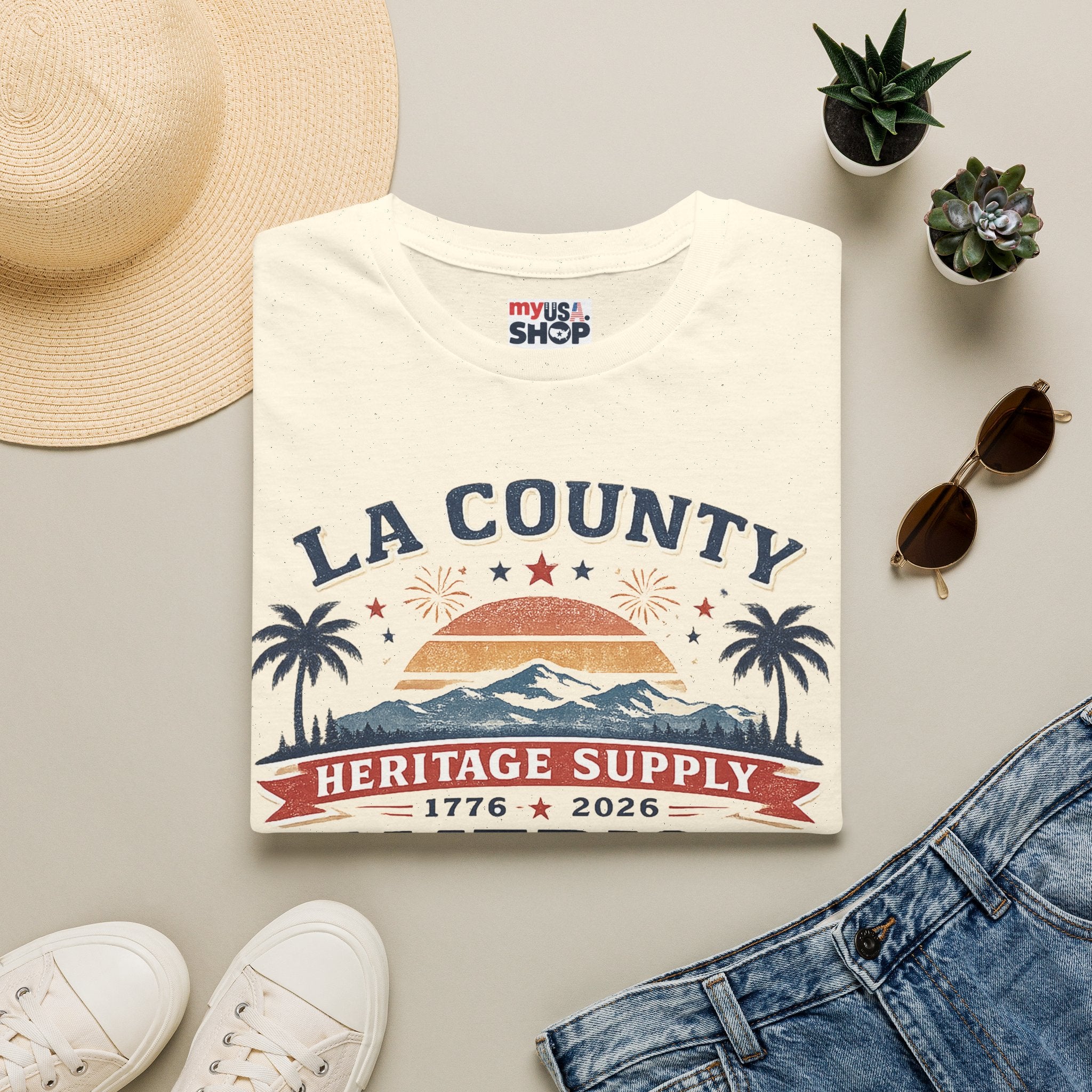 LA County Heritage Supply America 250 T-Shirt — 1776–2026 Vintage Sunset Tee