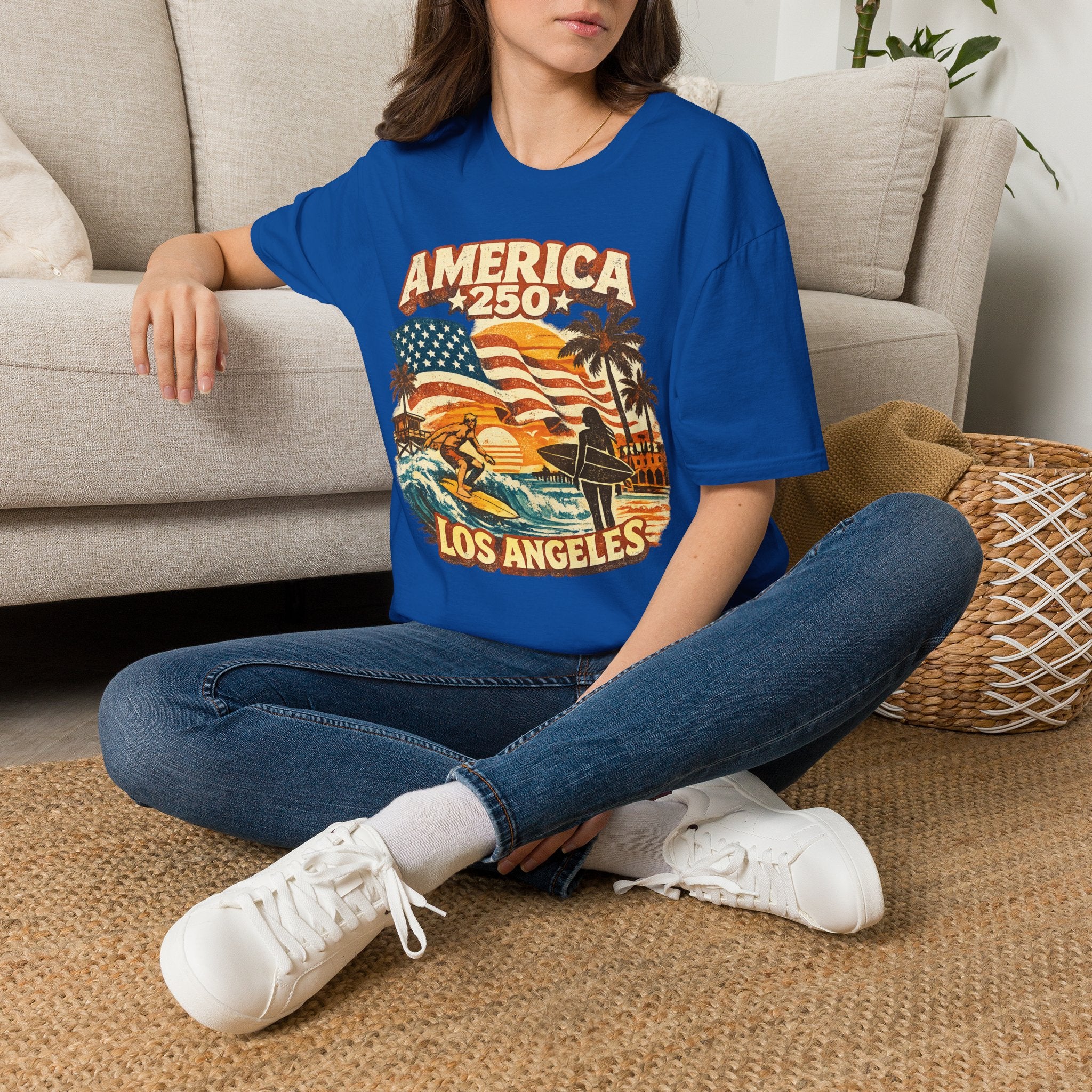 America 250 Los Angeles Surfers Beach Flag Palm Trees Sunset Retro California Tee