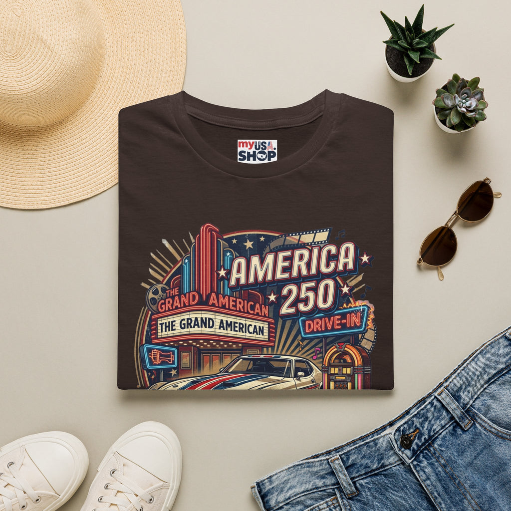 America 250 Vintage Drive-In Car T-Shirt — "Born to Entertain the World" Pop Culture