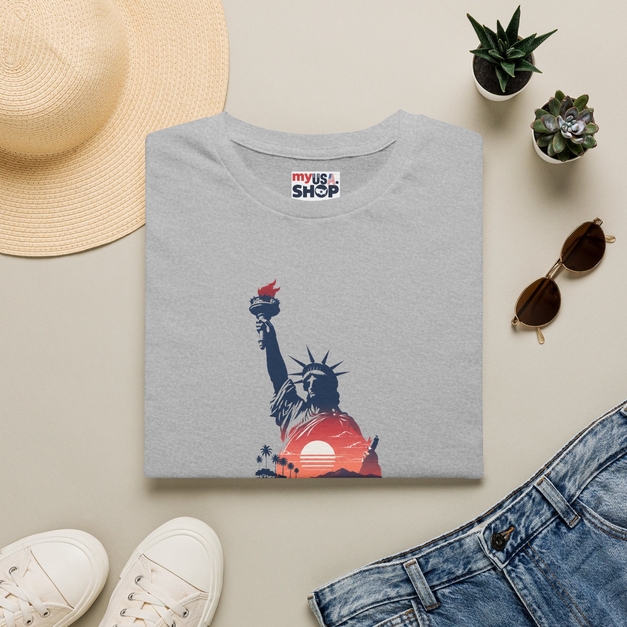 America 250 Liberty Pacific California T-Shirt — Statue of Liberty Sunset Graphic