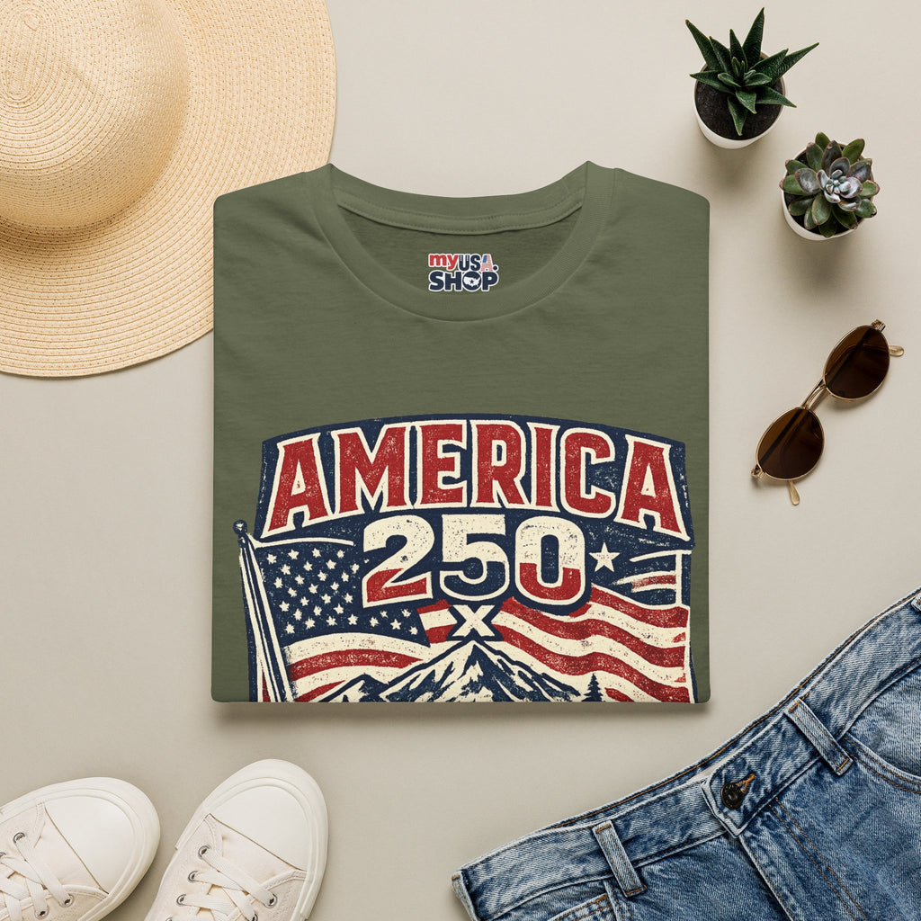 America 250 Oregon Shirt — Patriotic Mountain Flag Badge Tee