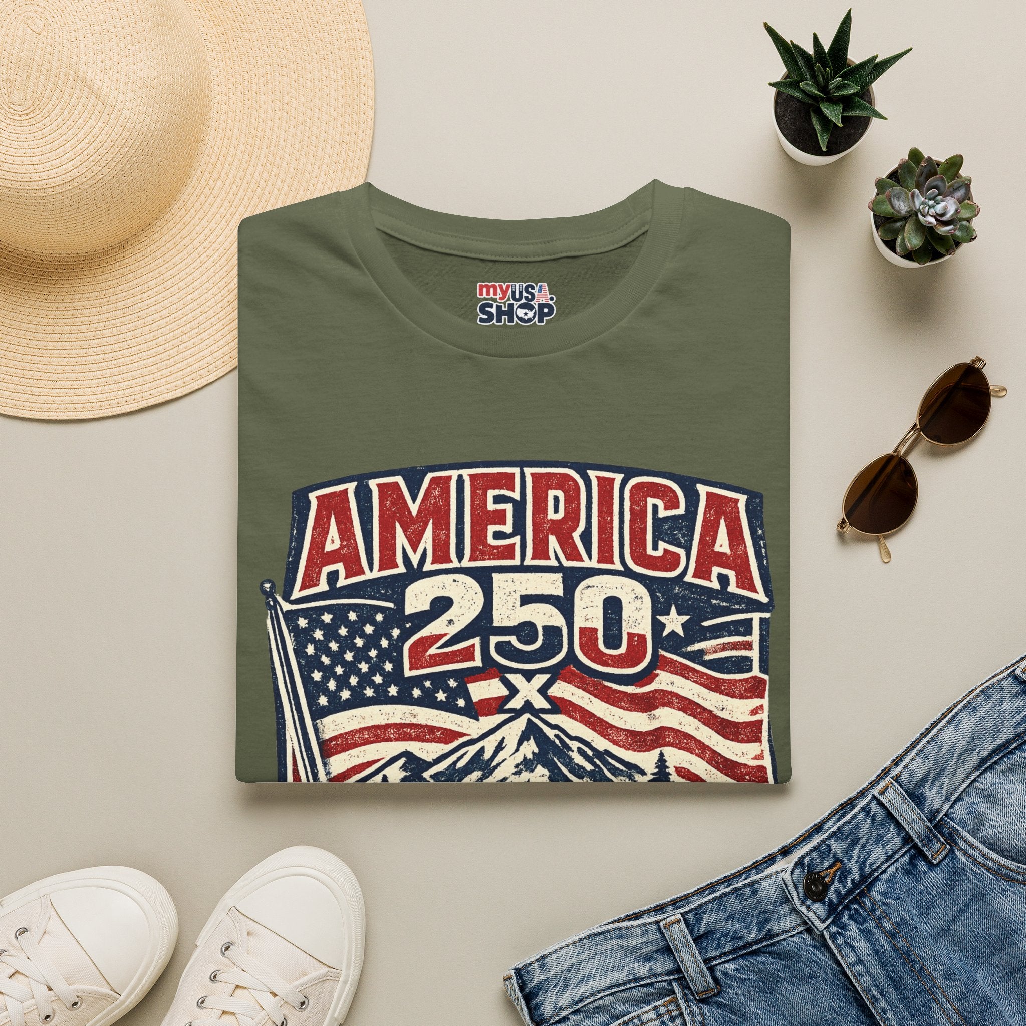 America 250 Oregon Shirt — Patriotic Mountain Flag Badge Tee