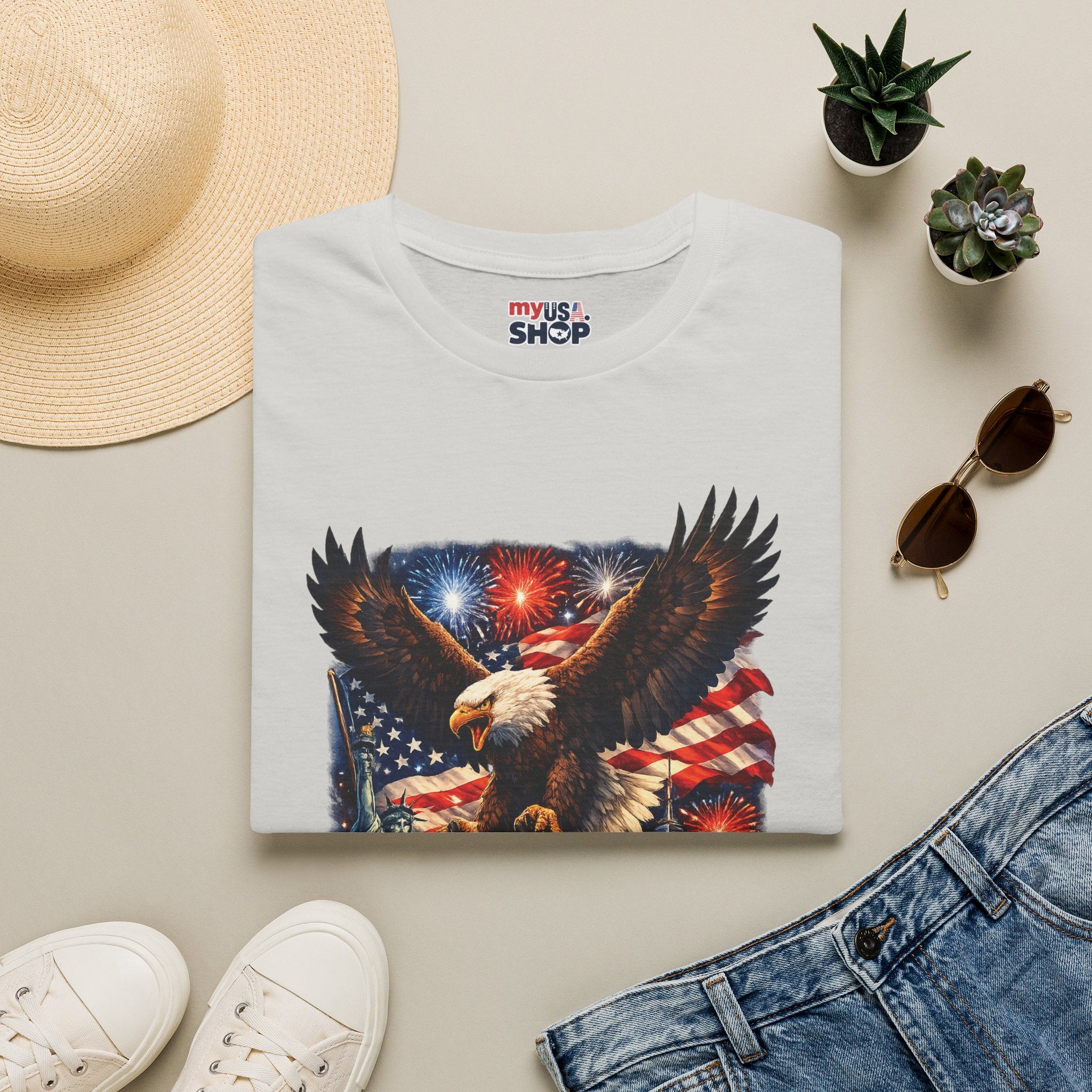 America 250 Patriotic Eagle T-Shirt — New York Fireworks Design