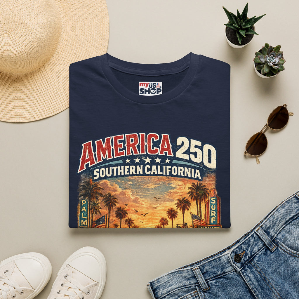 America 250 Southern California Sunset T‑Shirt — Retro Route 66 Palm Tree Tee