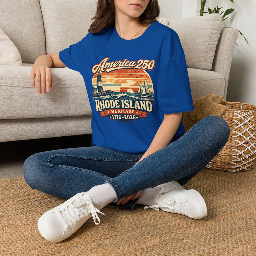 America 250 Rhode Island Heritage Shirt — Coastal Lighthouse Sunset Tee