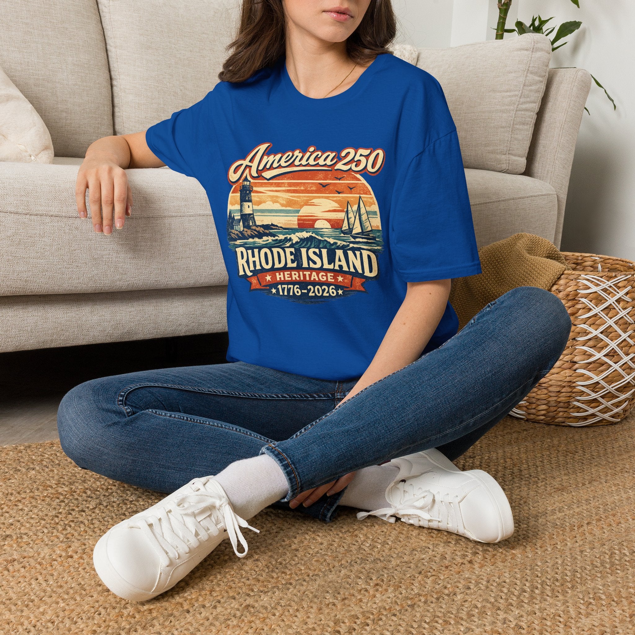 America 250 Rhode Island Heritage Shirt — Coastal Lighthouse Sunset Tee