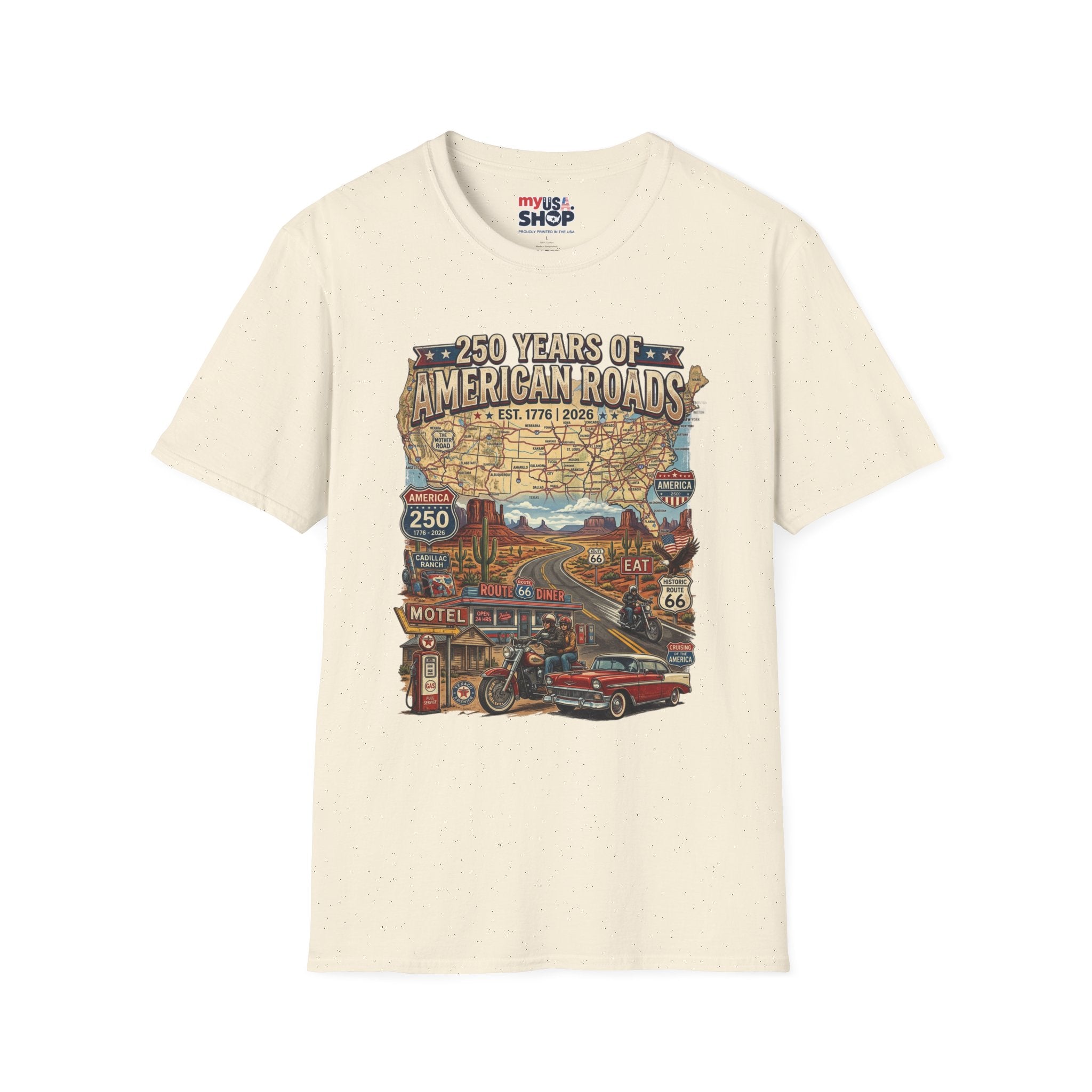 250 Years of American Roads T‑Shirt — Vintage USA Roadmap & Route 66 Travel Tee America 250 Pop Culture