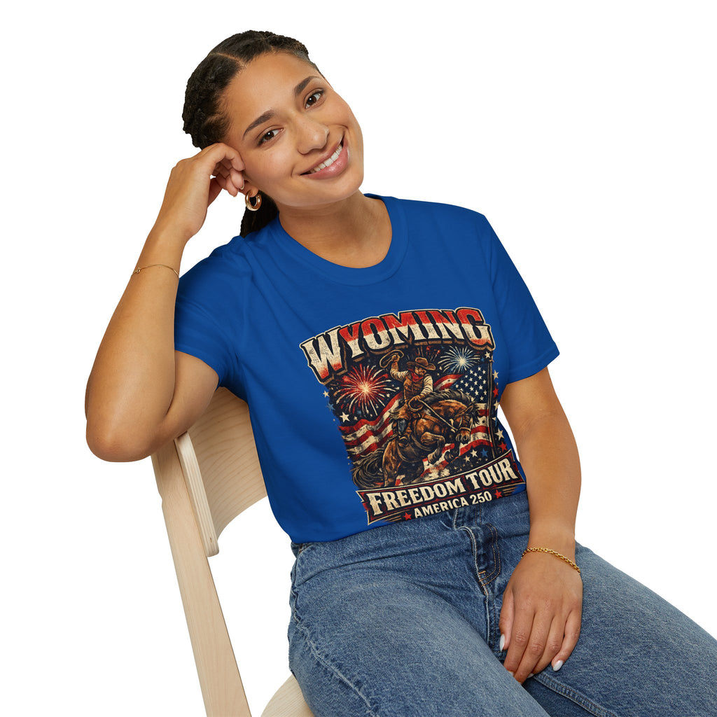 America 250 Freedom Tour T-Shirt — Wyoming Patriotic Rodeo USA Graphic Tee
