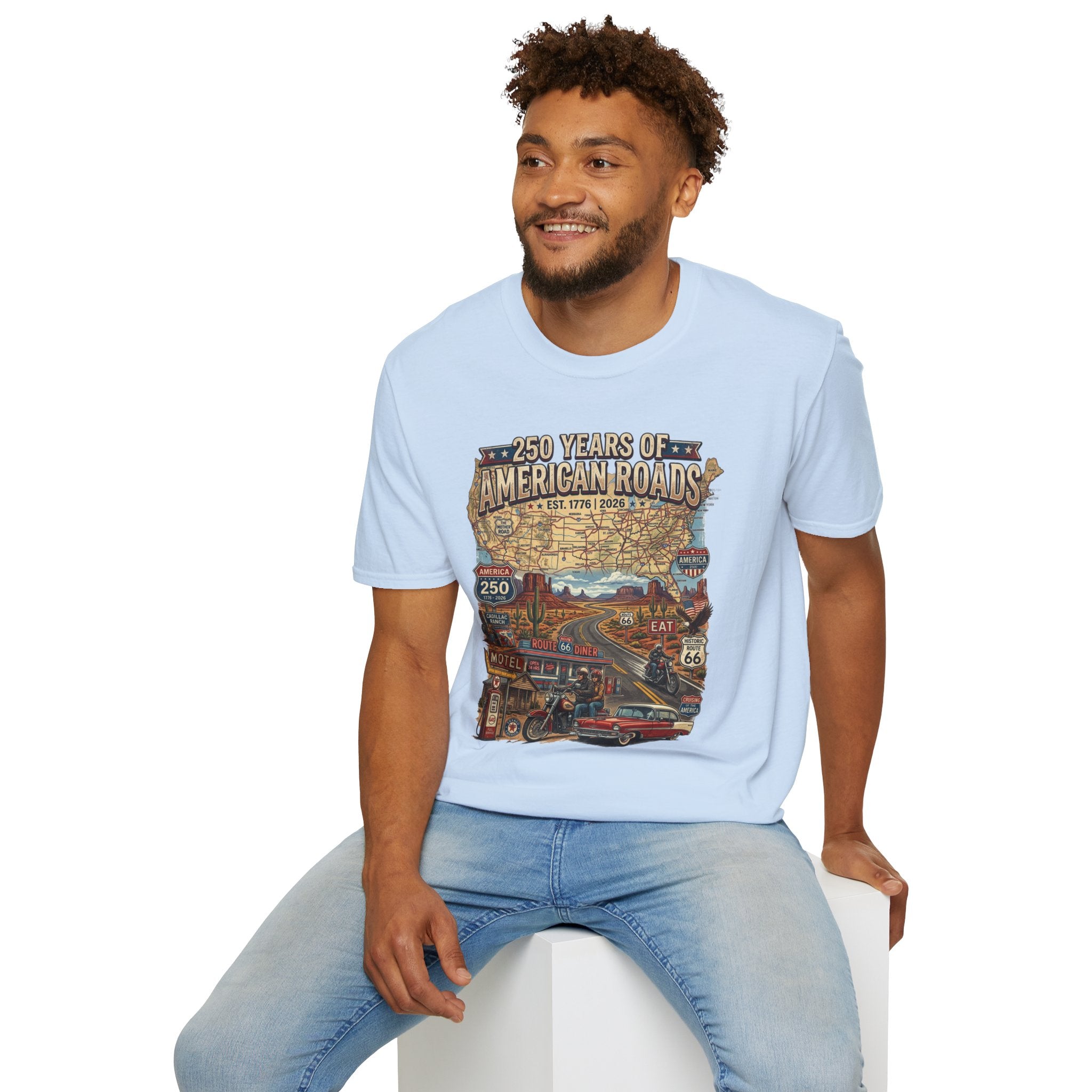 250 Years of American Roads T‑Shirt — Vintage USA Roadmap & Route 66 Travel Tee America 250 Pop Culture