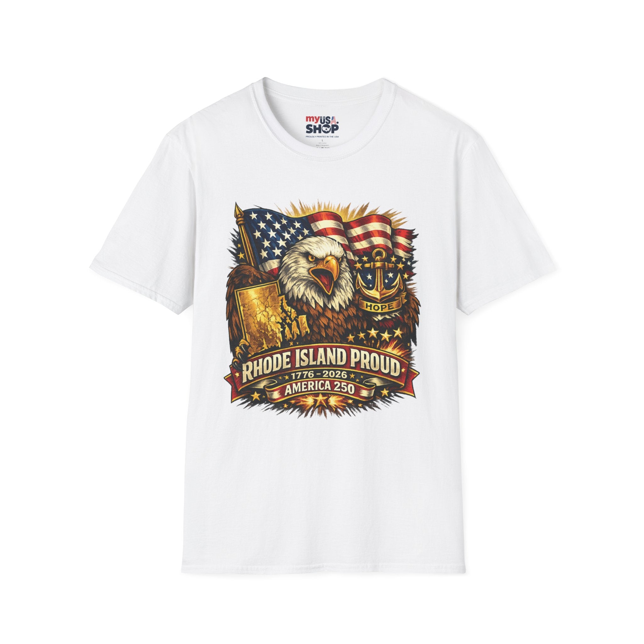 Rhode Island Proud America 250 T-Shirt — Patriotic Eagle Graphic Tee