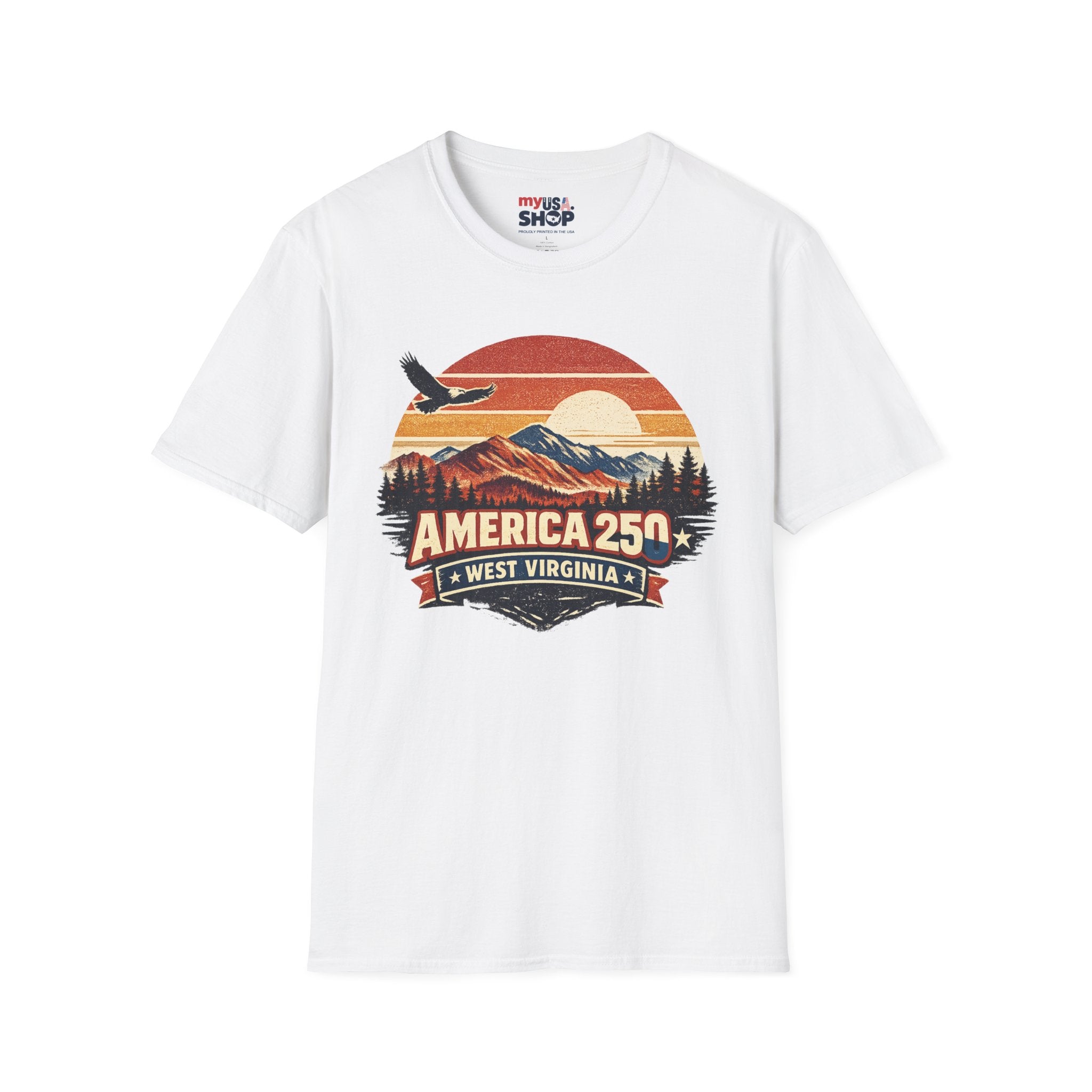 America 250 Retro Sunrise T-Shirt — West Virginia Scenic Eagle Design