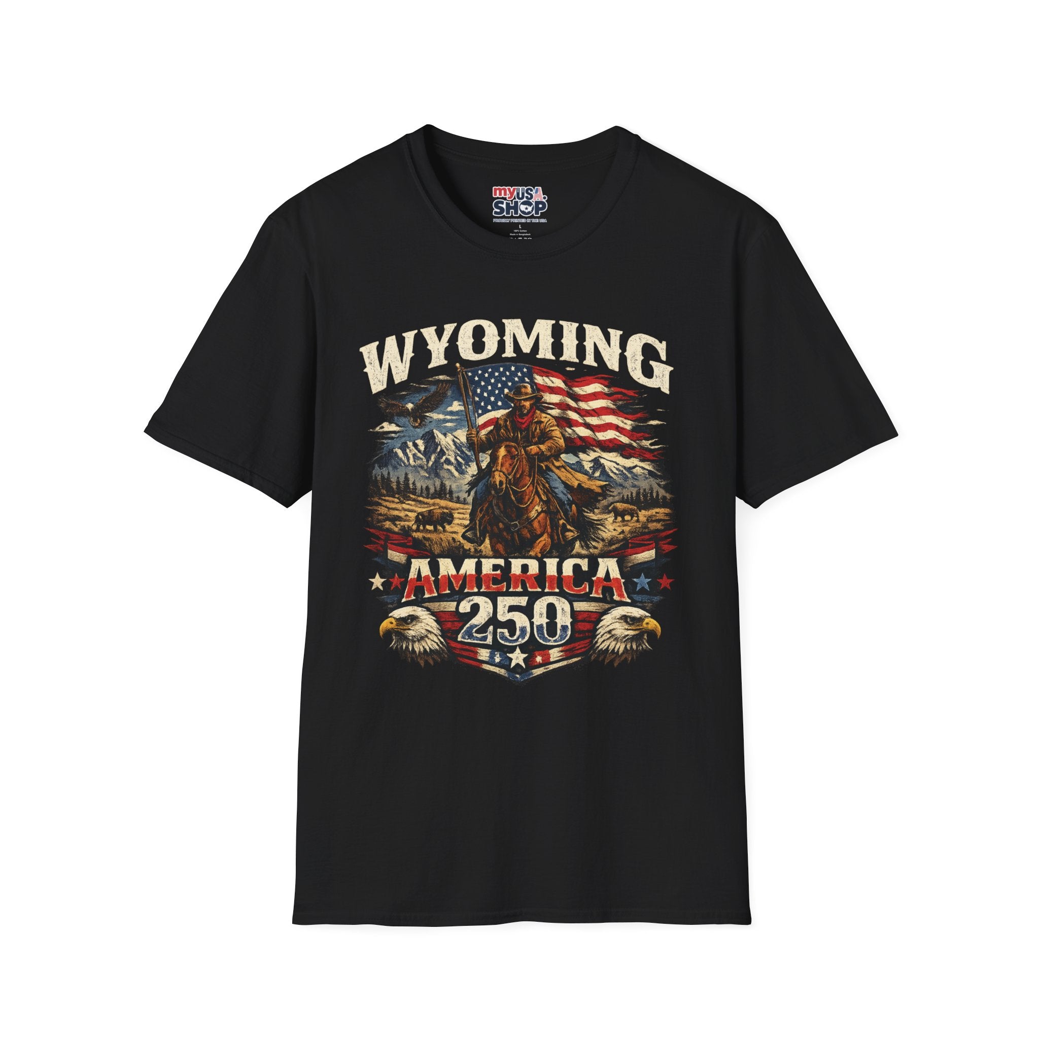 Wyoming Patriot Graphic T-Shirt — America 250 Flag & Cowboy Vintage Design