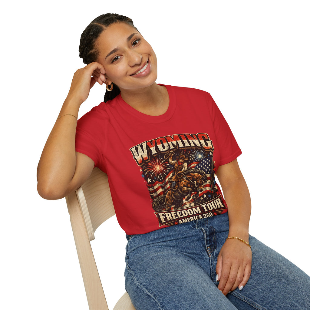 America 250 Freedom Tour T-Shirt — Wyoming Patriotic Rodeo USA Graphic Tee