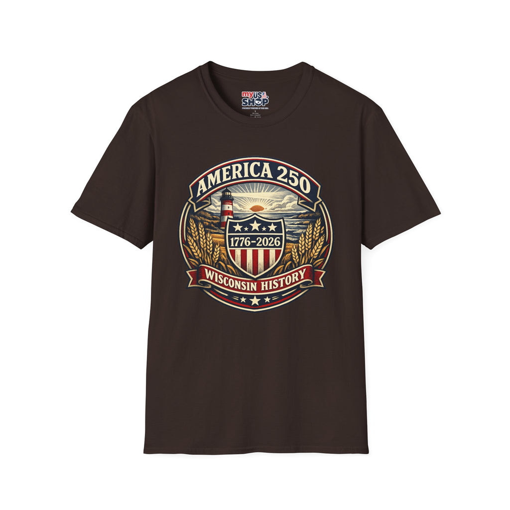 America 250 Commemorative T-Shirt – Wisconsin History Lighthouse Vintage Badge