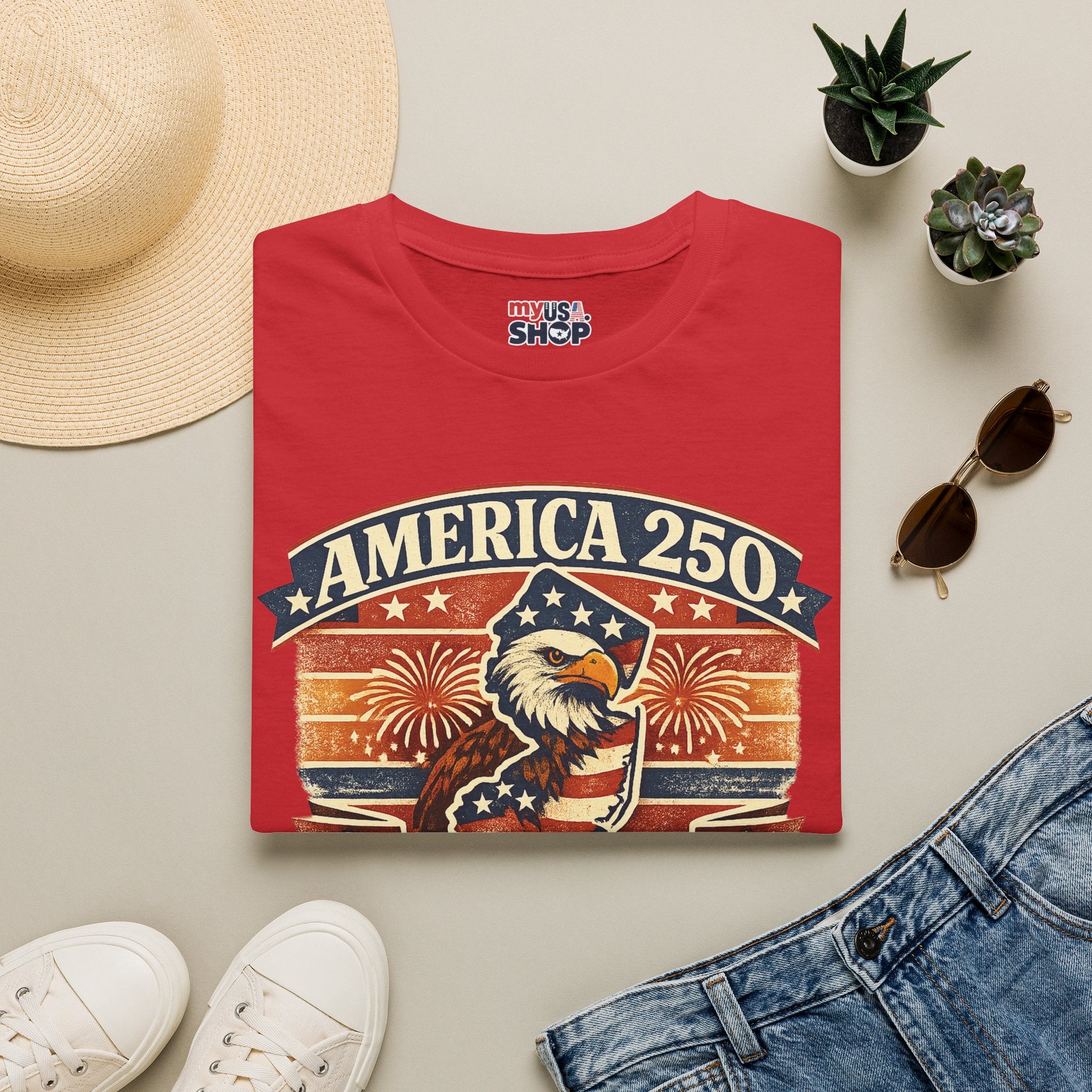 America 250 New Jersey T‑Shirt — Patriotic Bald Eagle & Fireworks Tee