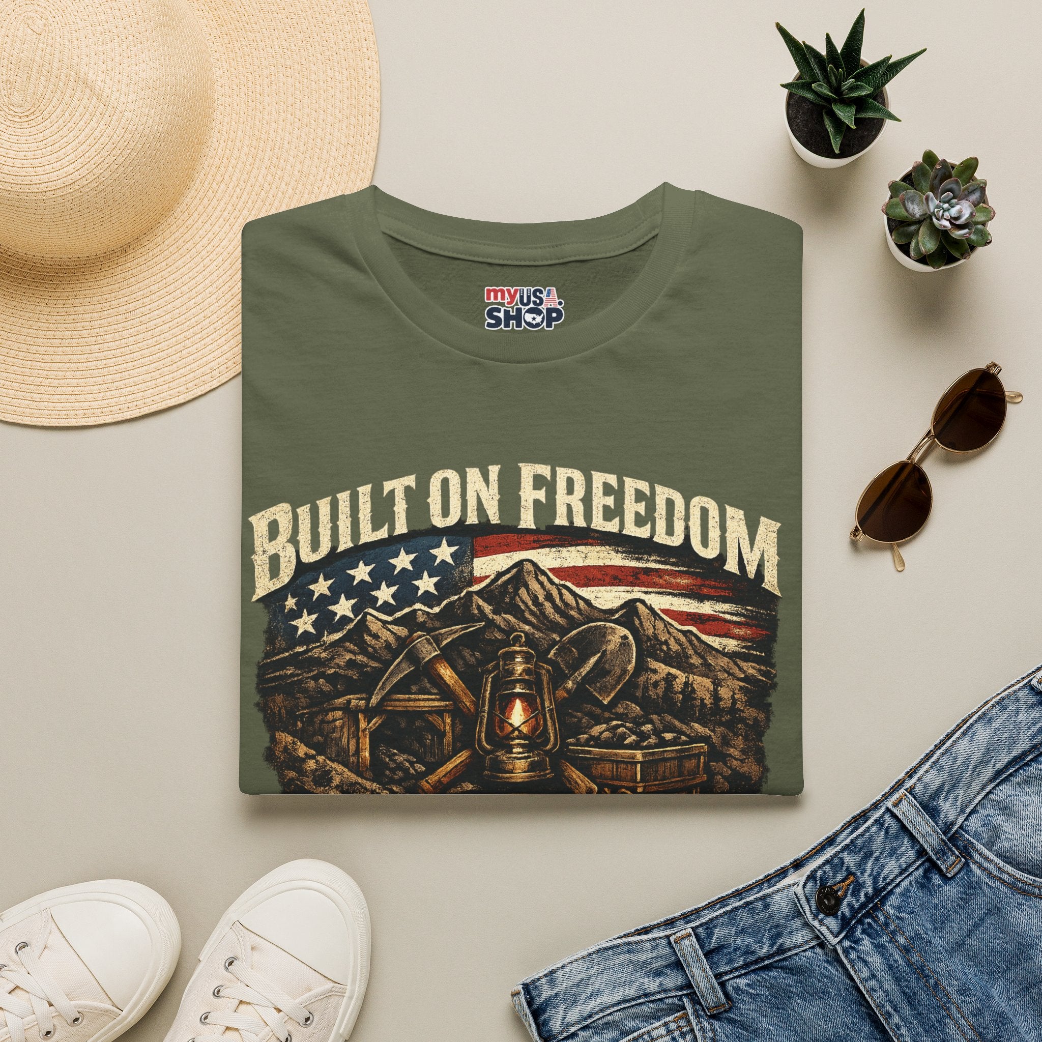 America 250 T-Shirt — Built on Freedom West Virginia Vintage Flag Mountain