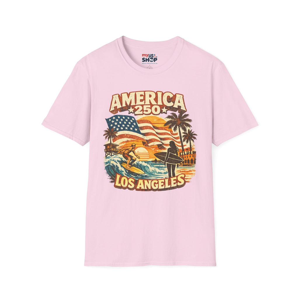America 250 Los Angeles Surfers Beach Flag Palm Trees Sunset Retro California Tee
