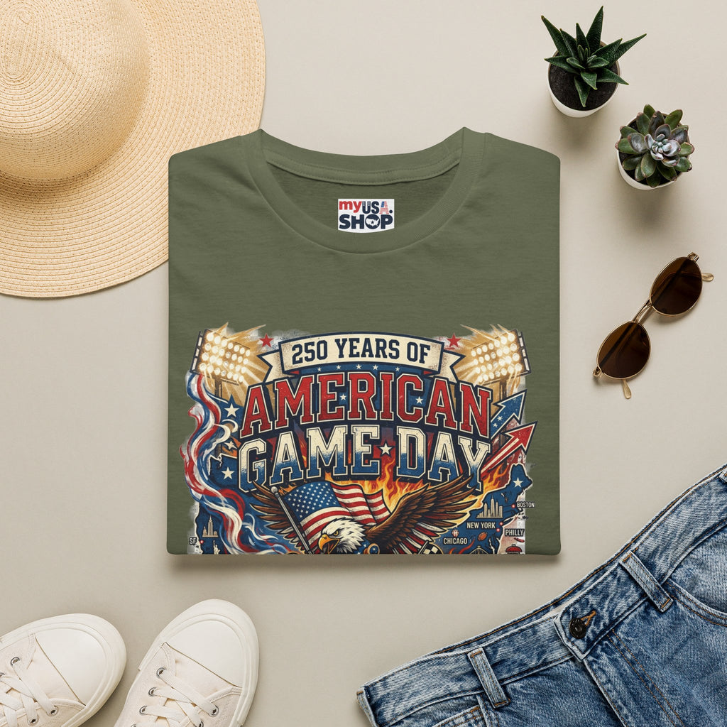 American Game Day T-Shirt — 250 Years USA Football & Baseball Celebration Pop Culture