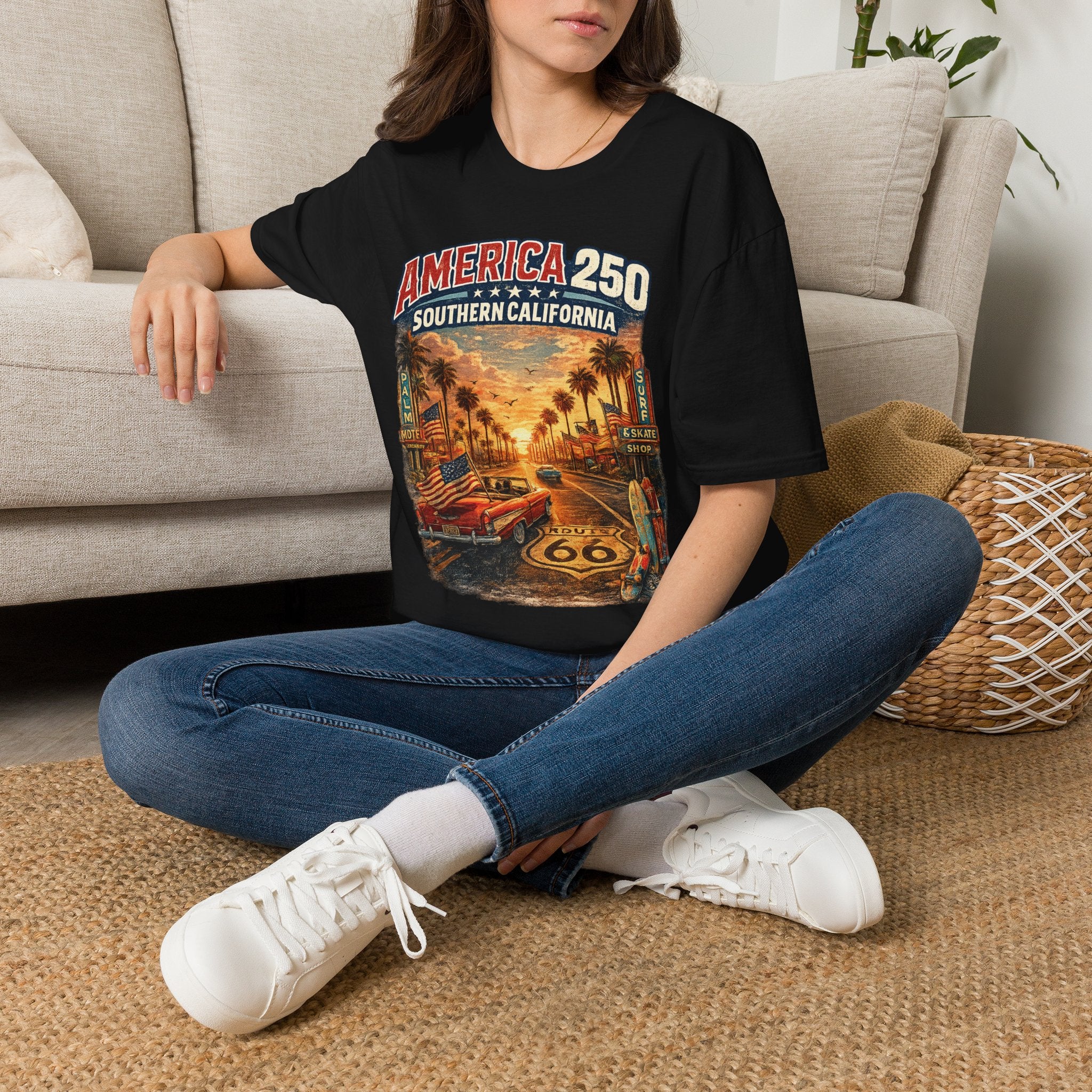 America 250 Southern California Sunset T‑Shirt — Retro Route 66 Palm Tree Tee
