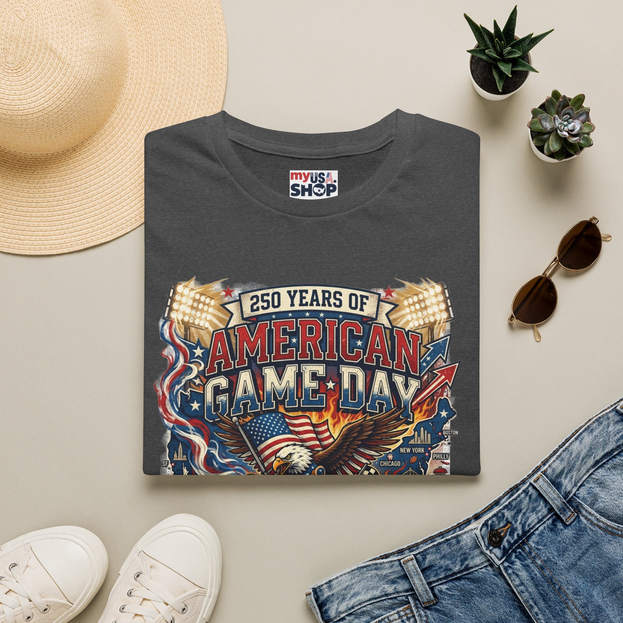 American Game Day T-Shirt — 250 Years USA Football & Baseball Celebration Pop Culture