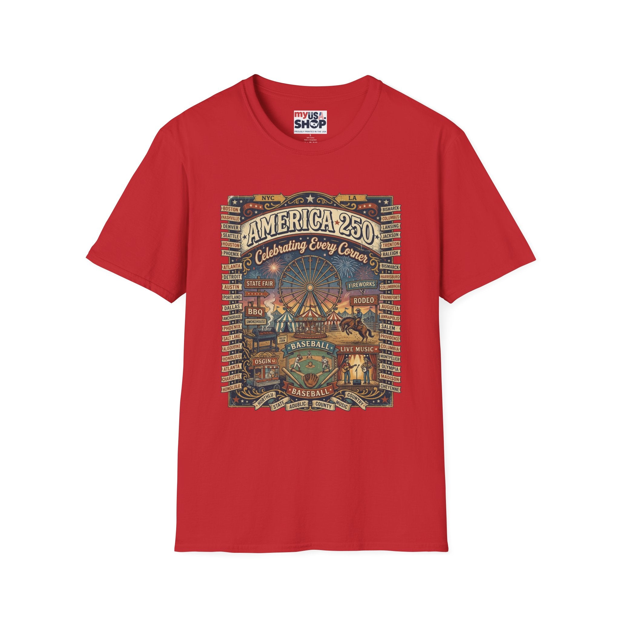 America 250 Celebration T-Shirt — Vintage Fair Ferris Wheel Patriotic Tee Pop Culture