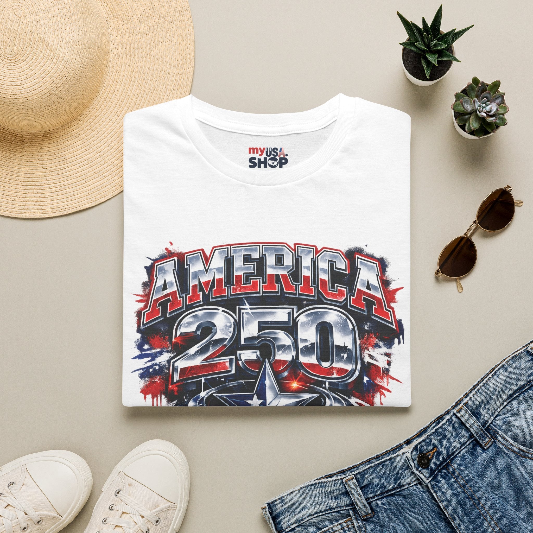 America 250 Texas Shirt — Patriotic Chrome Star Graphic Tee