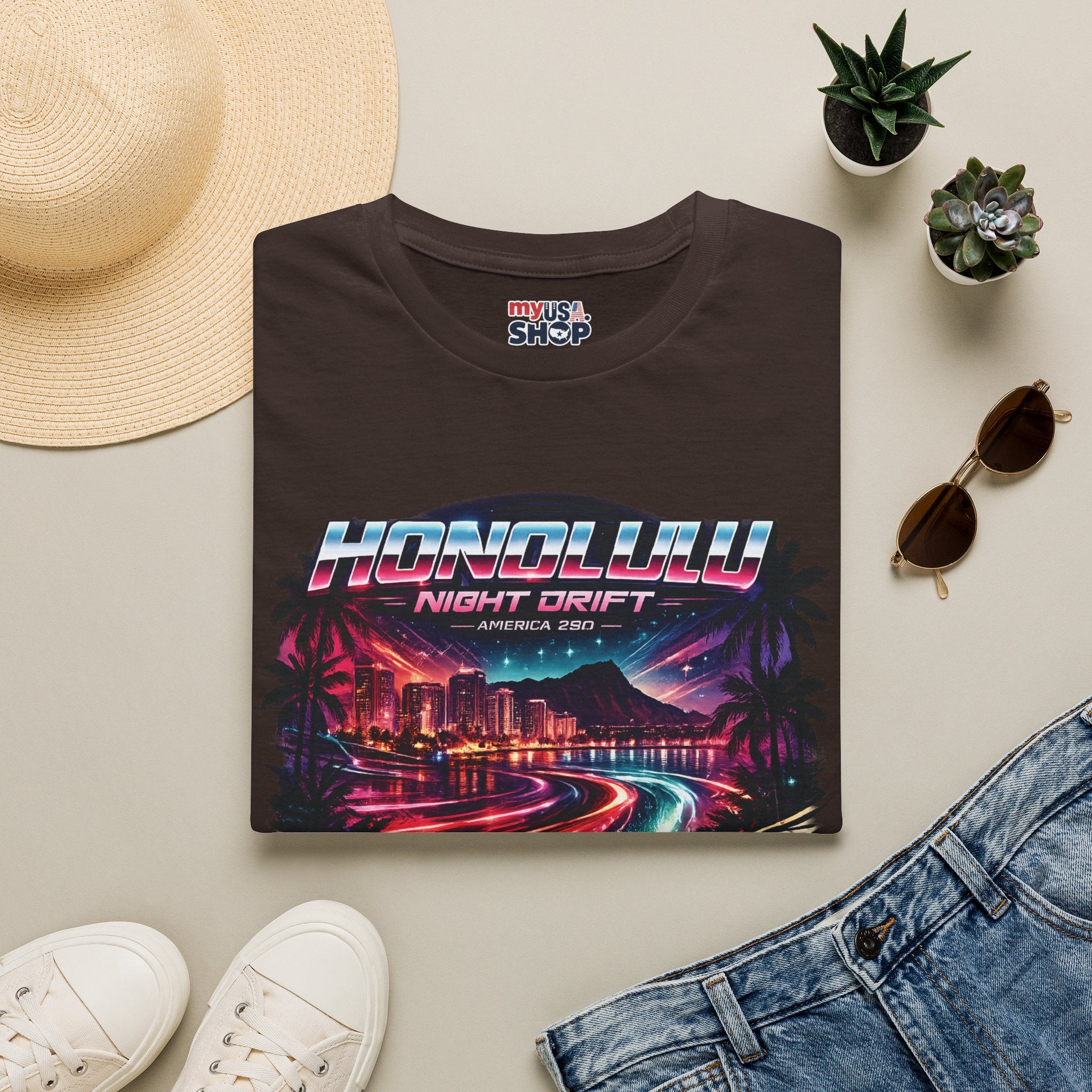 America 250 Honolulu Night Drift T-Shirt — Retro Neon Hawaii Surf & Cityscape Tee
