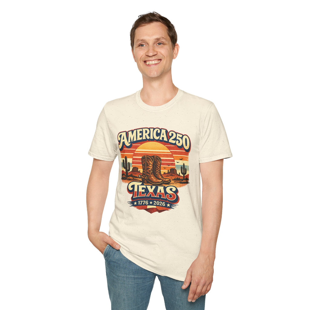 America 250 Texas T-Shirt — 1776–2026 Retro Cowboy Boots Sunset Design