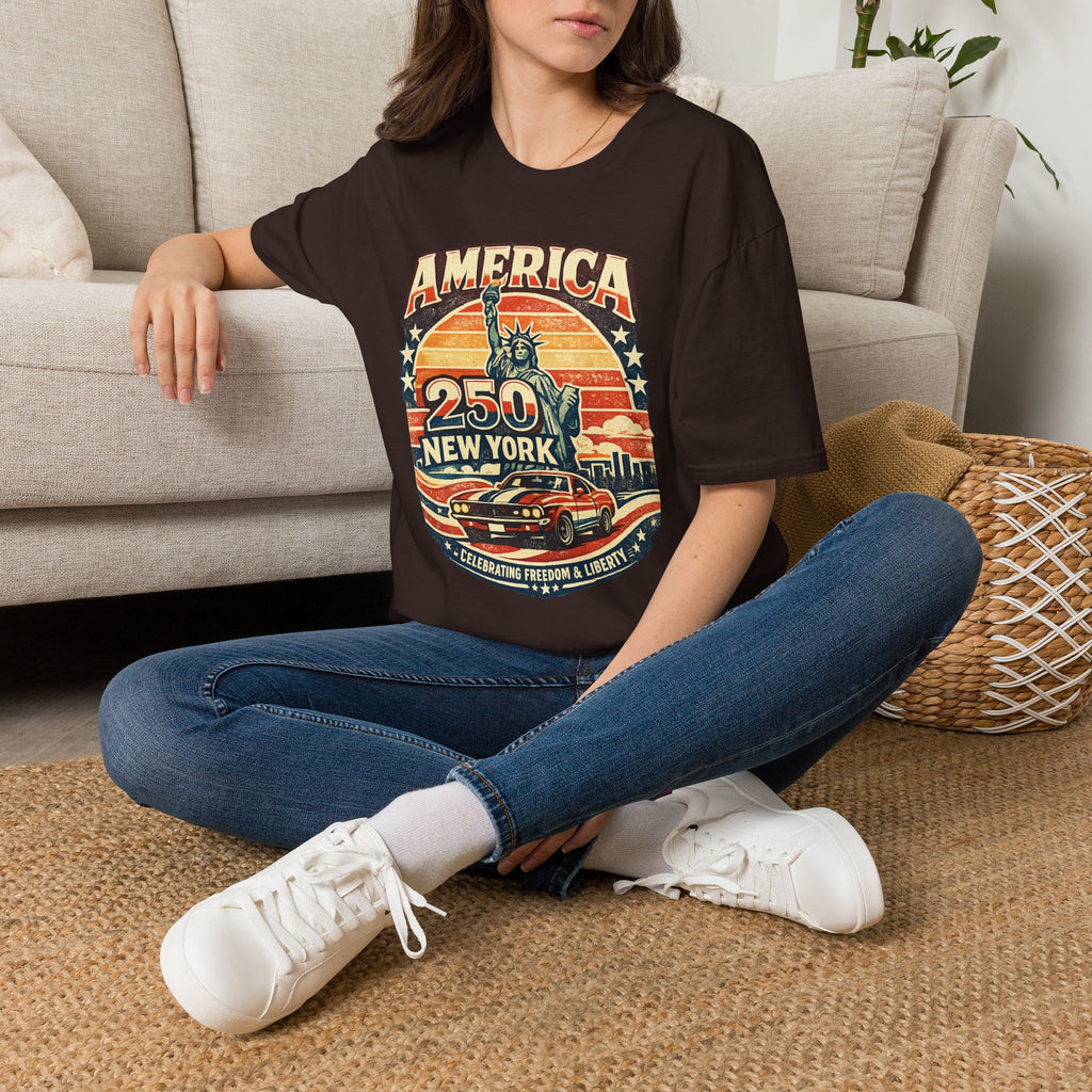 America 250 New York T-Shirt — Retro Statue of Liberty Graphic