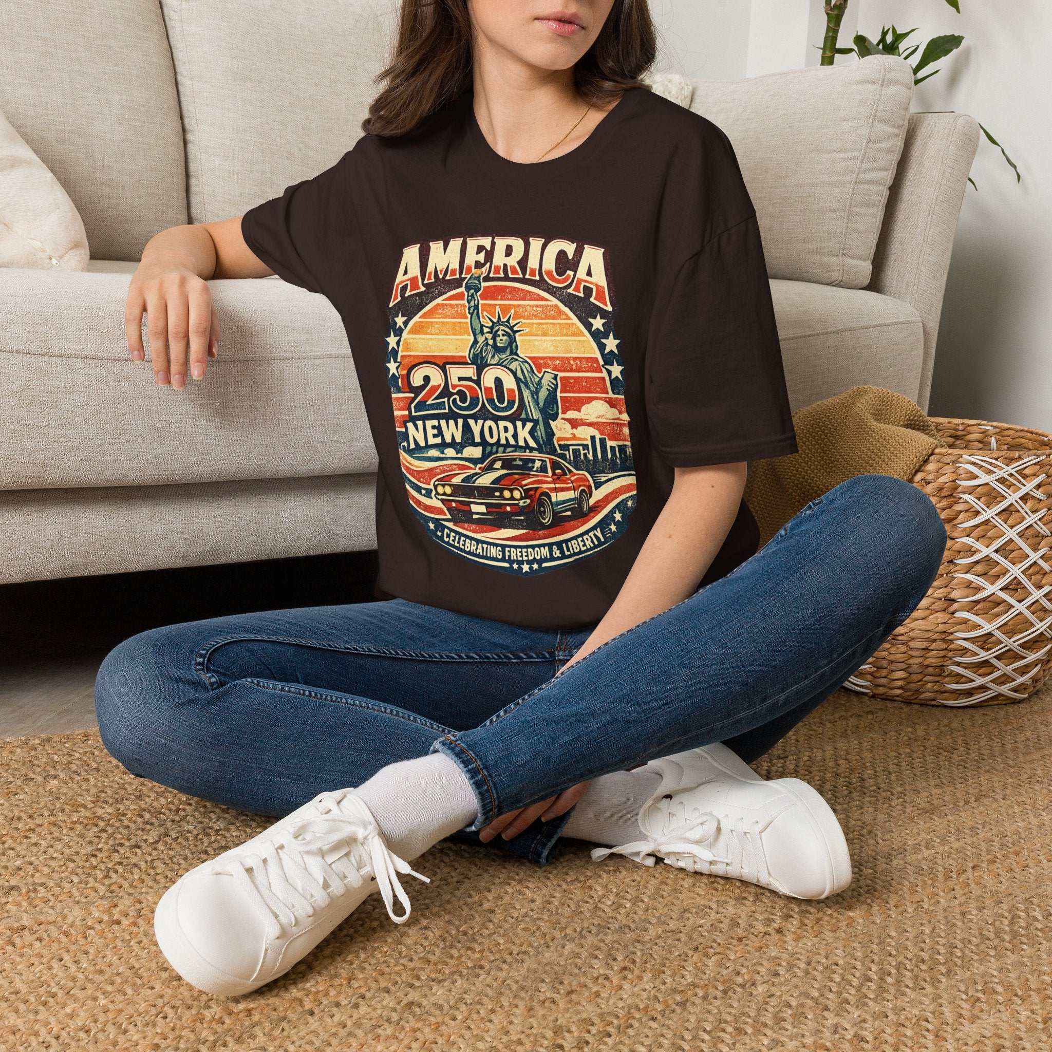 America 250 New York T-Shirt — Retro Statue of Liberty Graphic