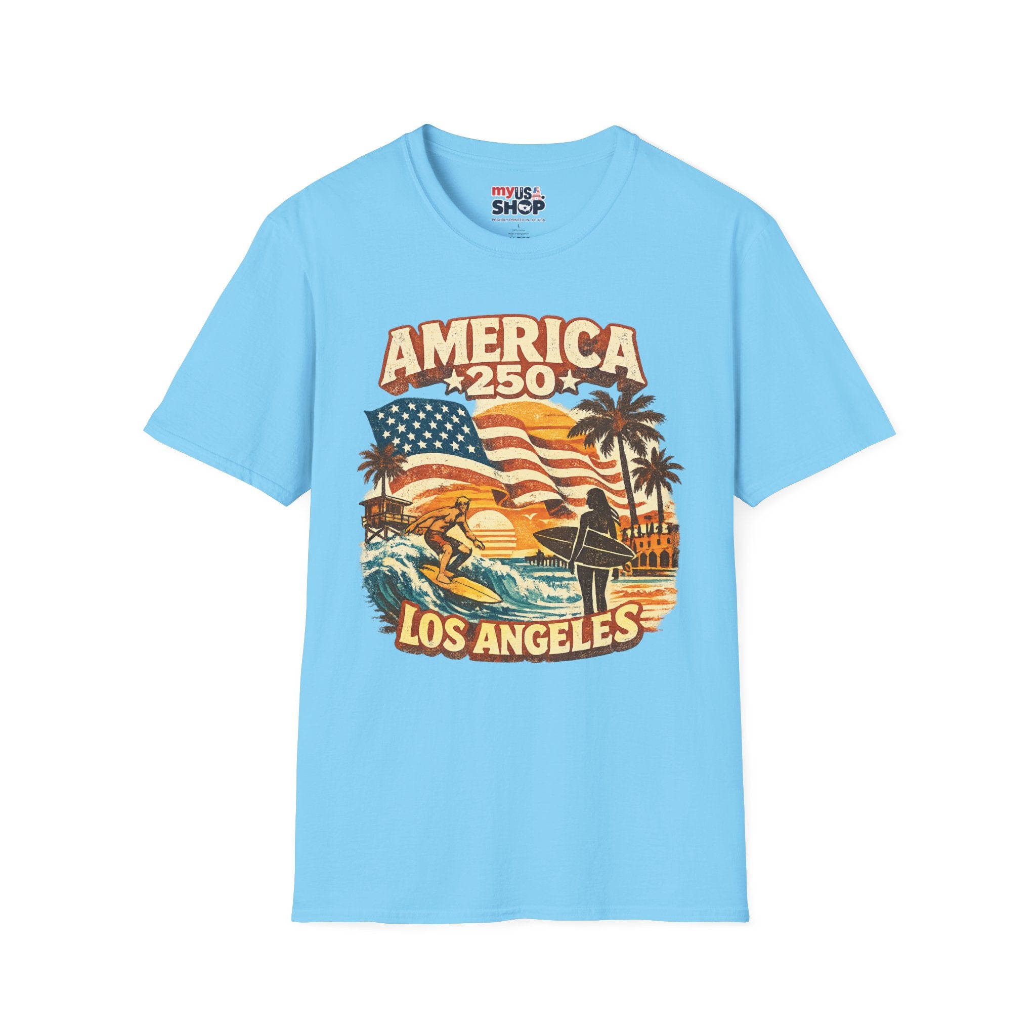 America 250 Los Angeles Surfers Beach Flag Palm Trees Sunset Retro California Tee