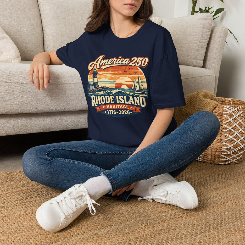 America 250 Rhode Island Heritage Shirt — Coastal Lighthouse Sunset Tee
