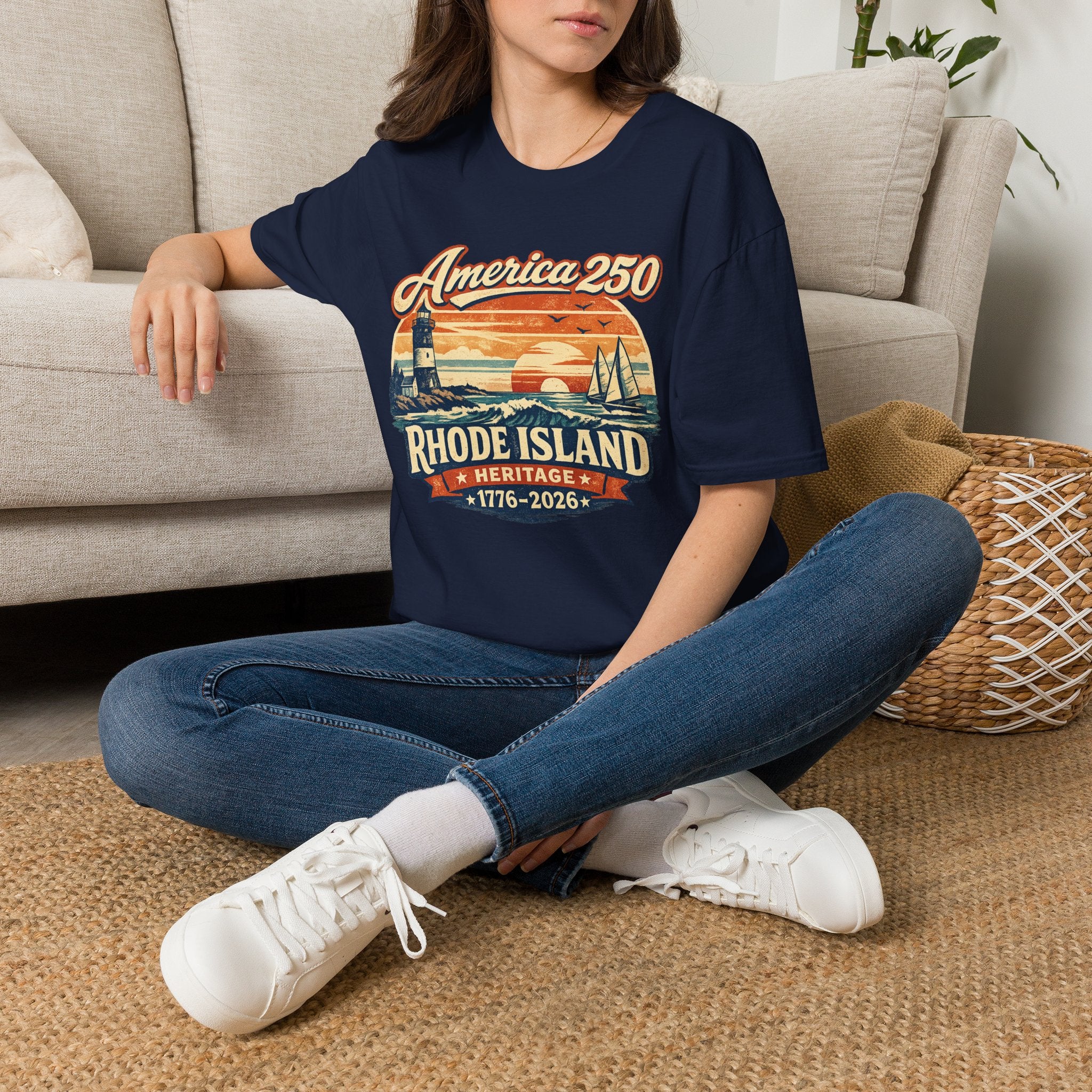 America 250 Rhode Island Heritage Shirt — Coastal Lighthouse Sunset Tee