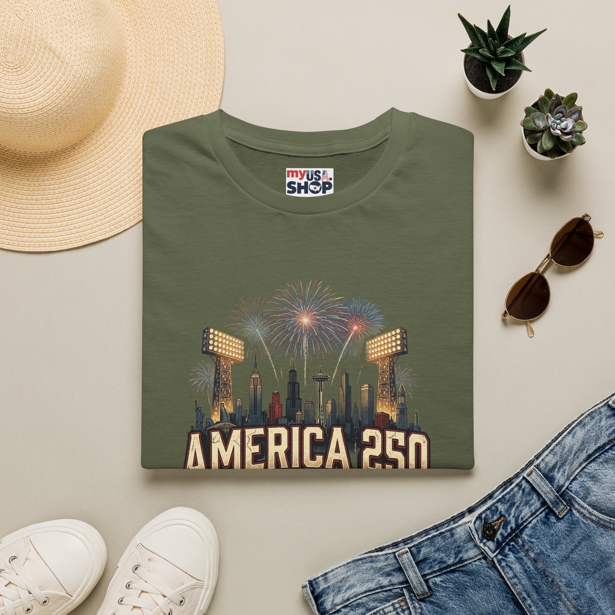 America 250 Celebration T‑Shirt — Hometown Legends Fireworks Skyline Pop Culture