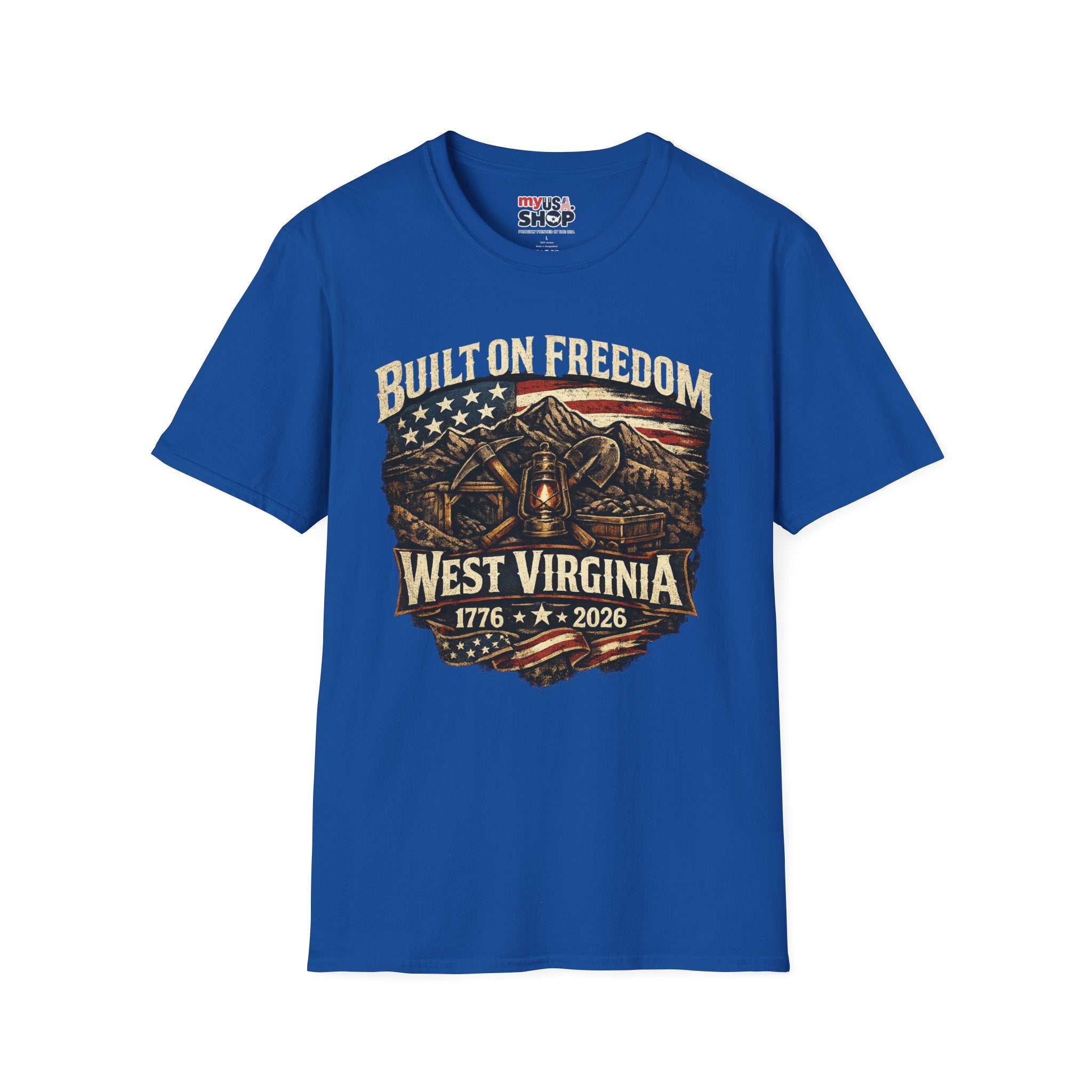 America 250 T-Shirt — Built on Freedom West Virginia Vintage Flag Mountain