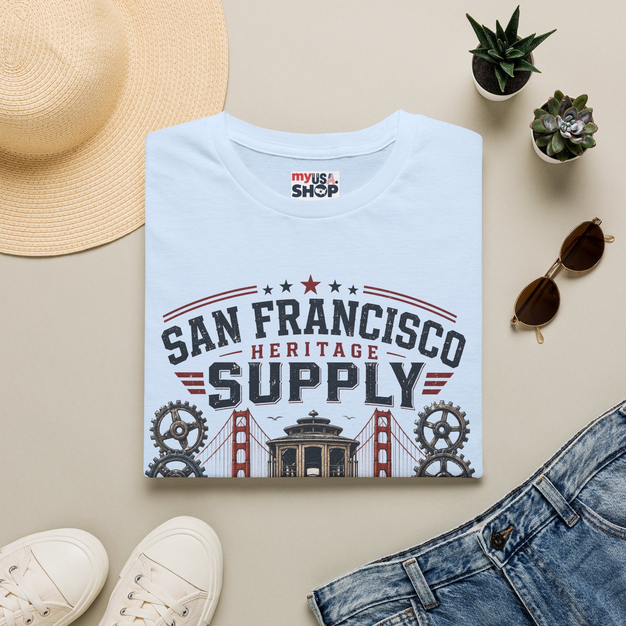San Francisco Heritage Supply T-Shirt — Vintage Cable Car & Golden Gate Graphic