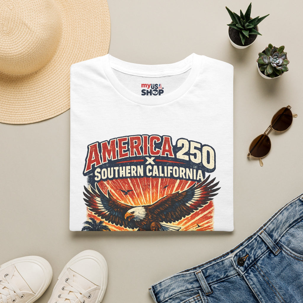 America 250 Southern California Graphic T-Shirt — Eagle, Sunset & Beach Vintage Design