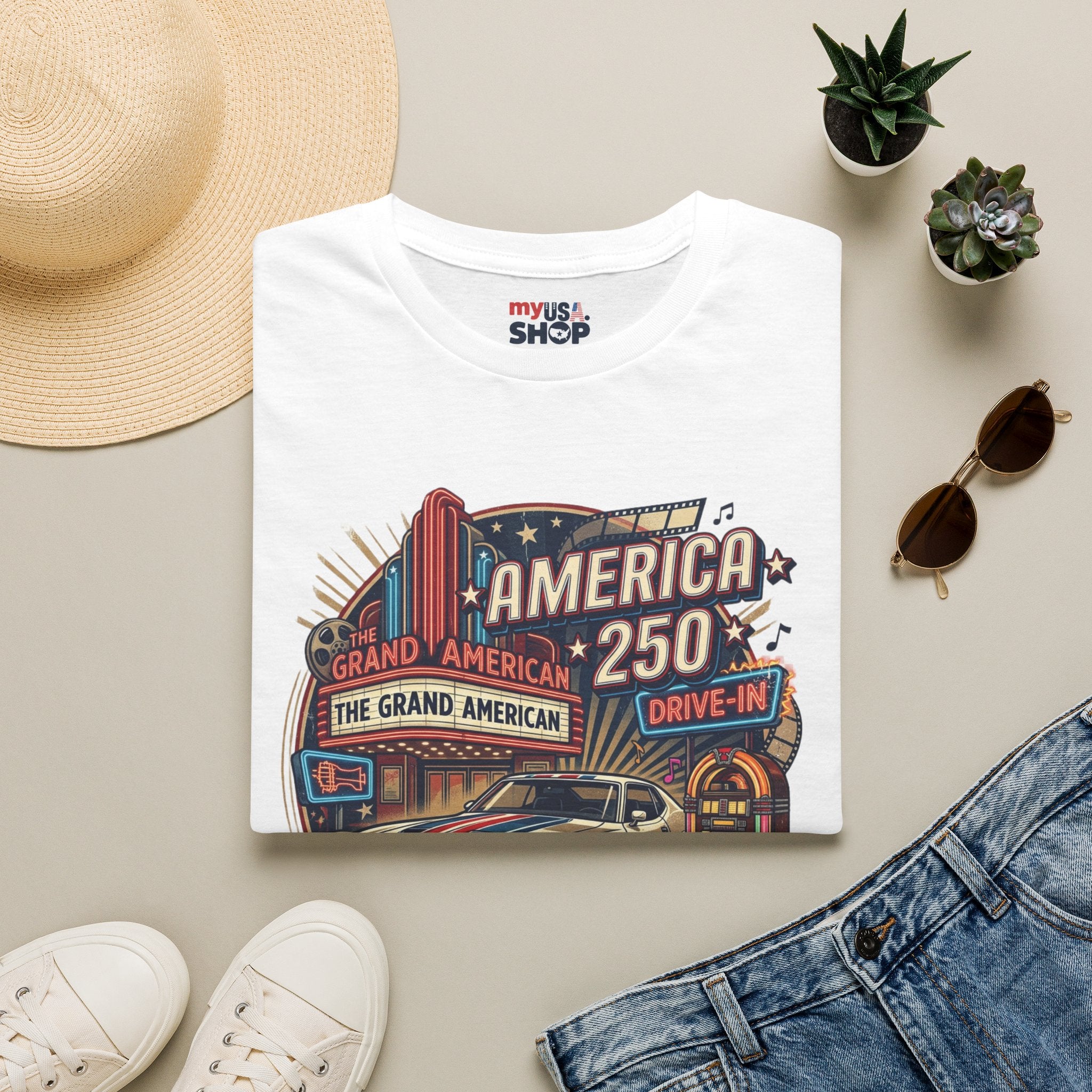 America 250 Vintage Drive-In Car T-Shirt — "Born to Entertain the World" Pop Culture