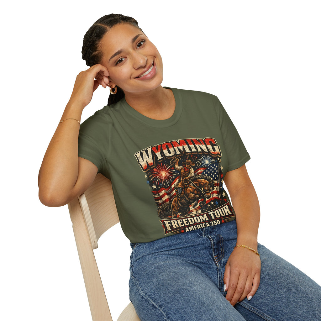 America 250 Freedom Tour T-Shirt — Wyoming Patriotic Rodeo USA Graphic Tee