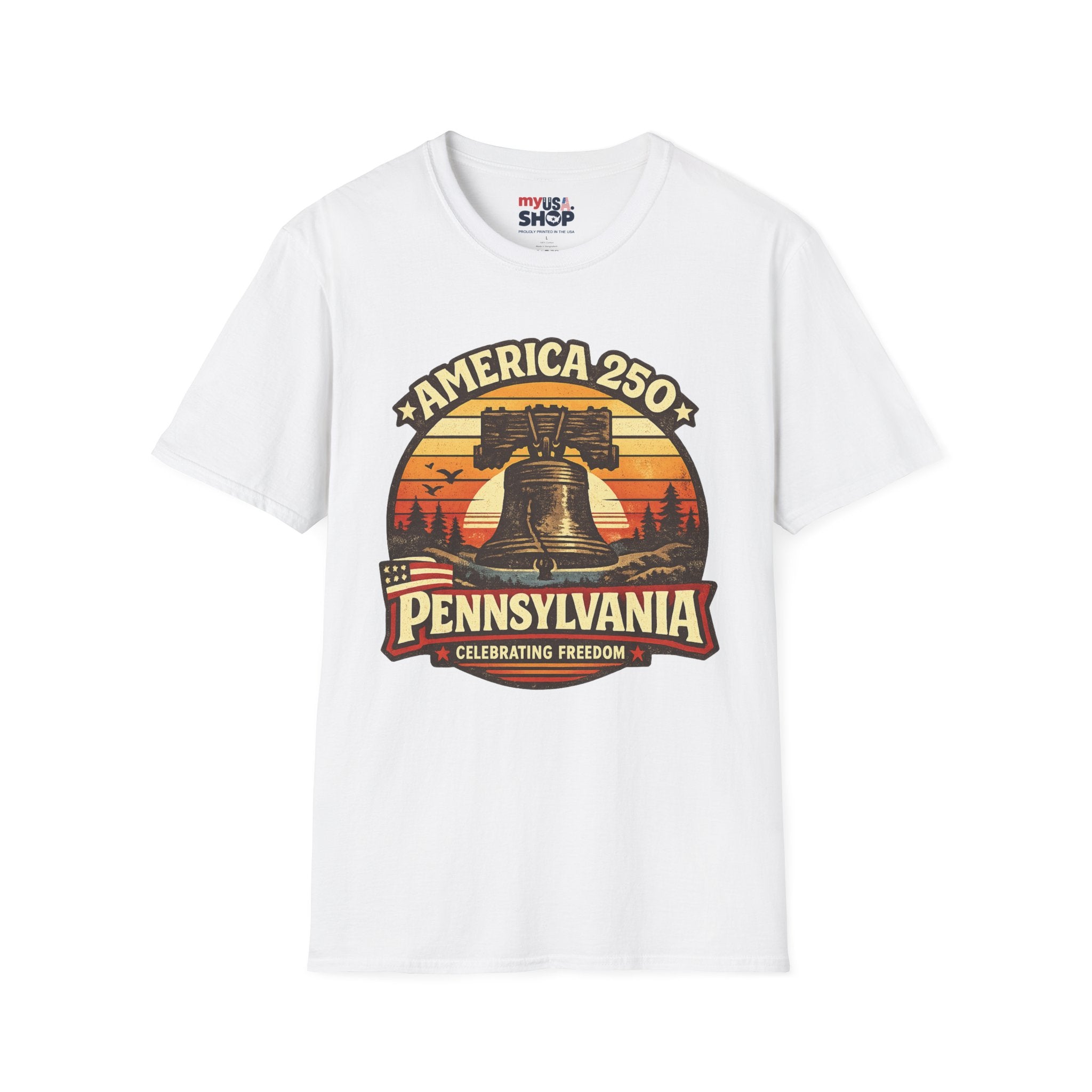 Pennsylvania America 250 Shirt — Retro Sunset Liberty Bell Graphic Tee