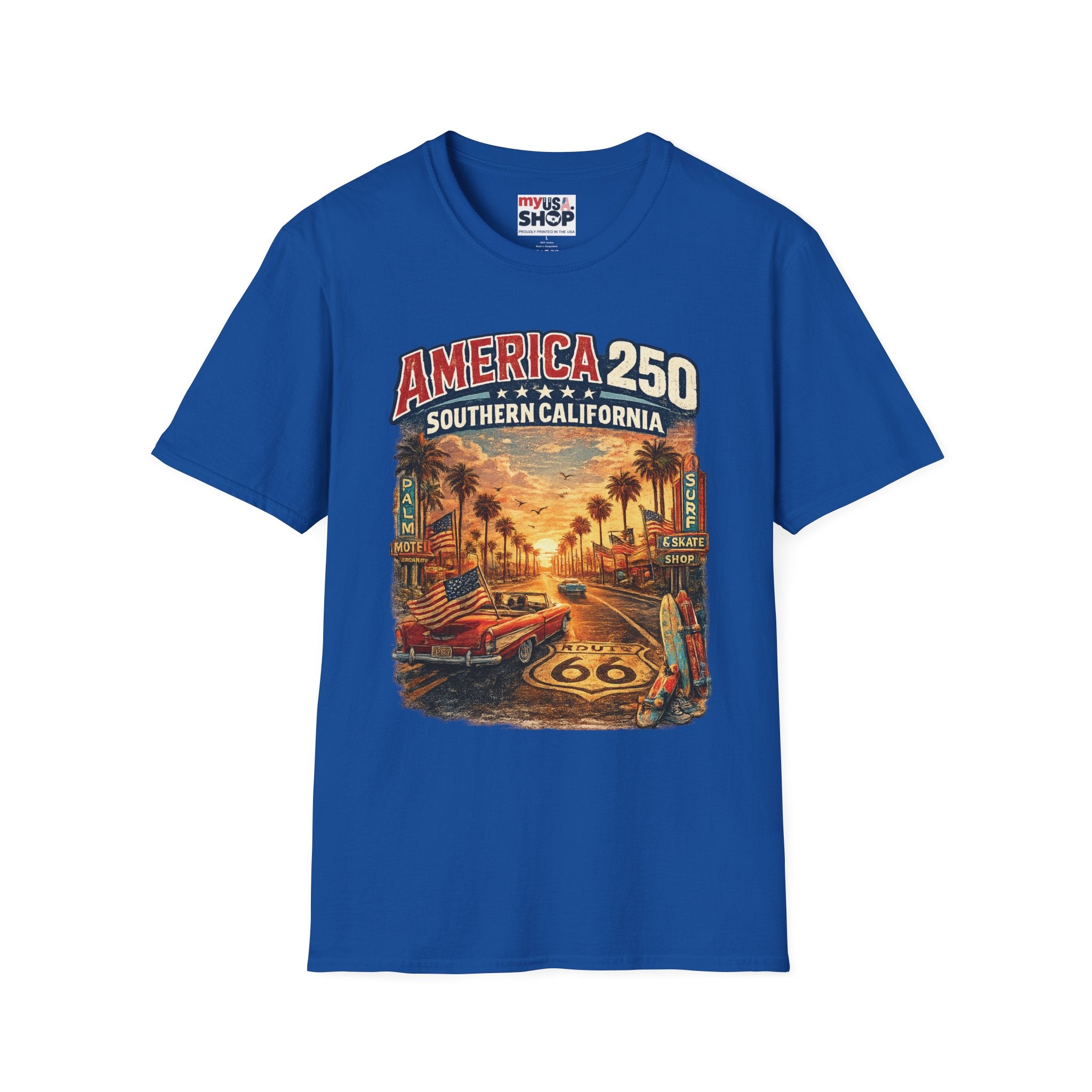 America 250 Southern California Sunset T‑Shirt — Retro Route 66 Palm Tree Tee