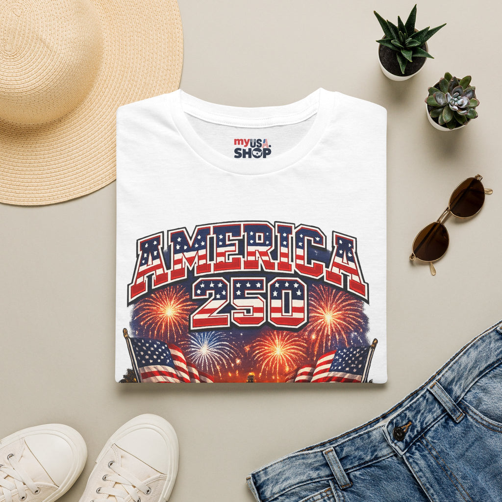 America 250 T-Shirt — Patriotic Fireworks Classic Car Tee for Independence Day