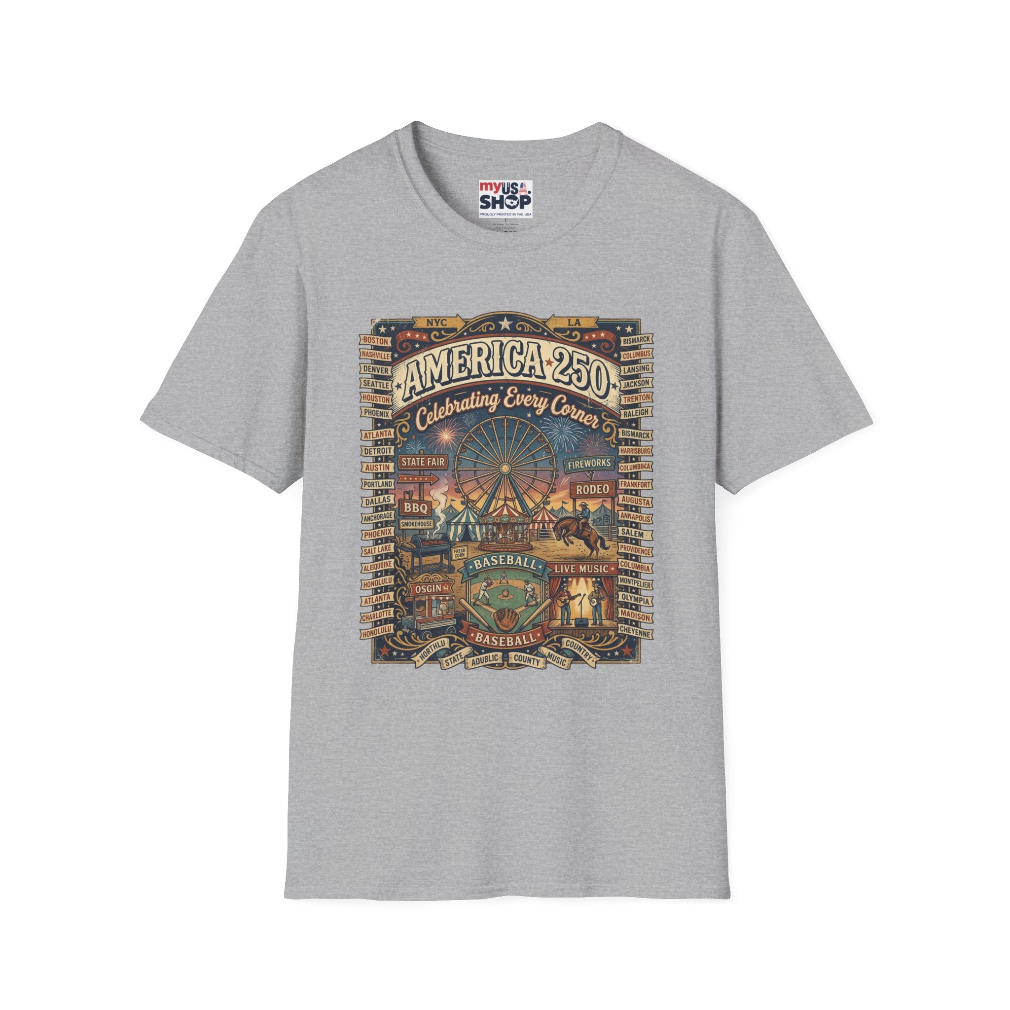 America 250 Celebration T-Shirt — Vintage Fair Ferris Wheel Patriotic Tee Pop Culture
