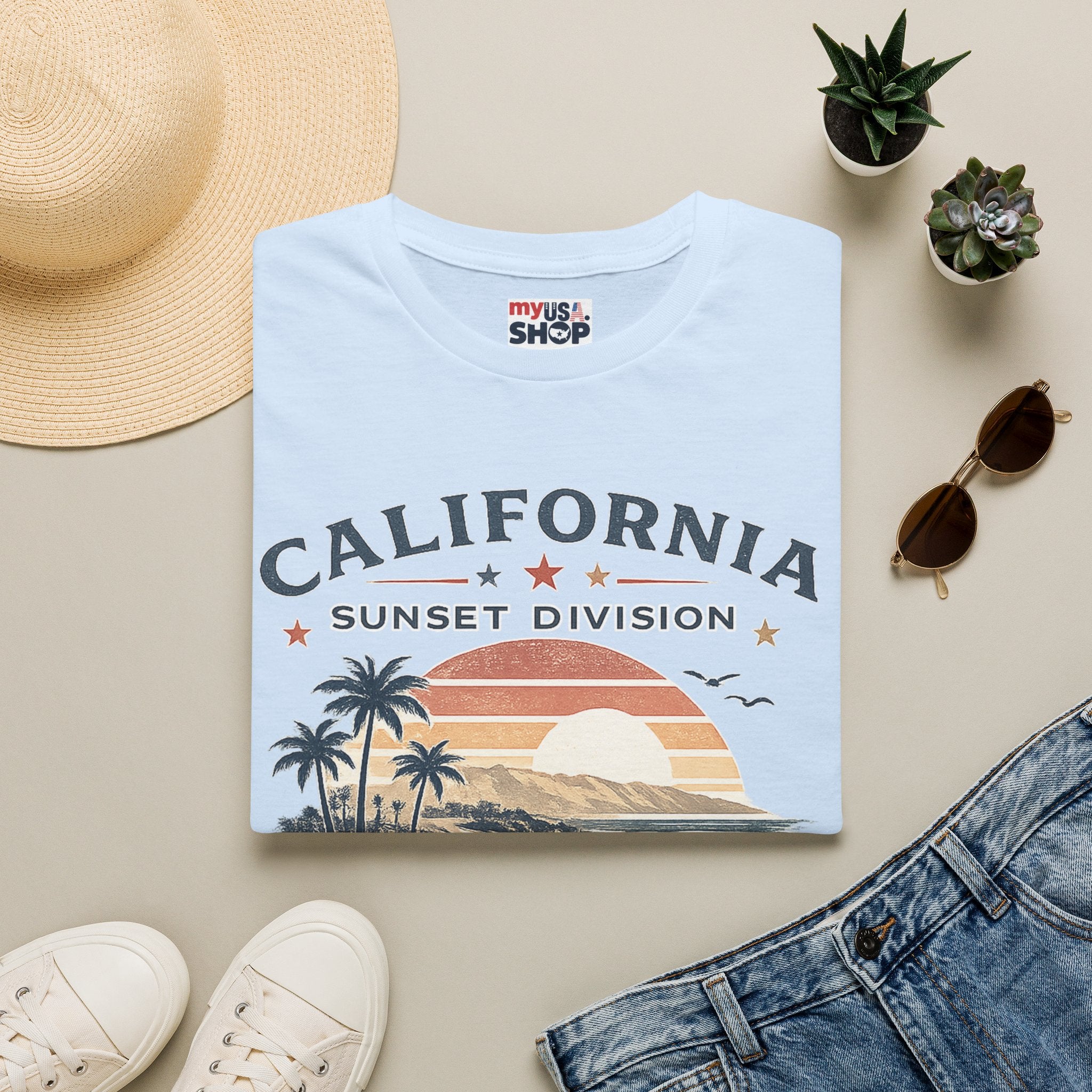 America 250 California Sunset Division T-Shirt — Vintage Palm Beach Sunset Tee