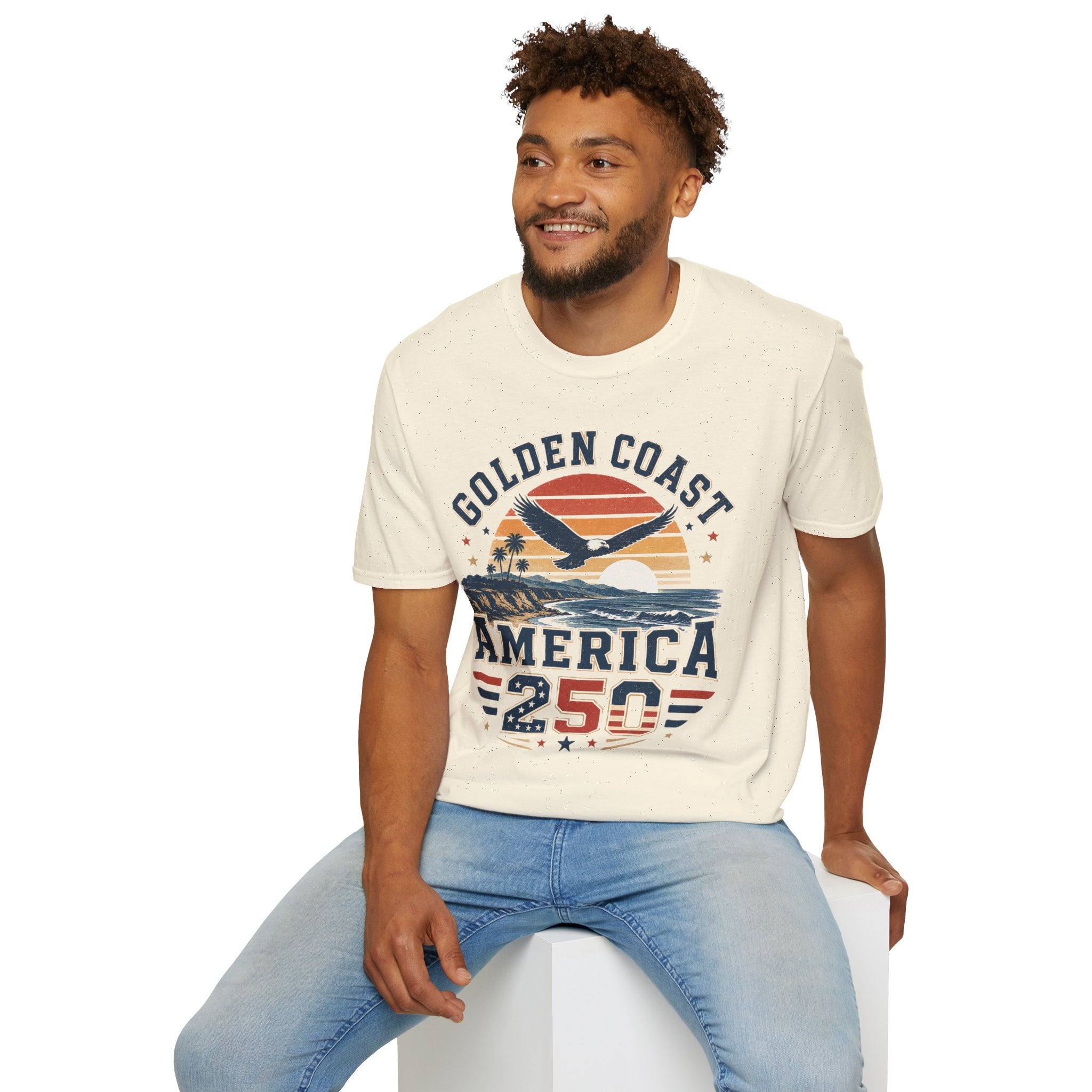 Golden Coast T-Shirt — Retro Sunset Eagle America 250 Beach Tee