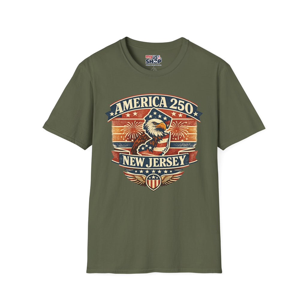 America 250 New Jersey T‑Shirt — Patriotic Bald Eagle & Fireworks Tee