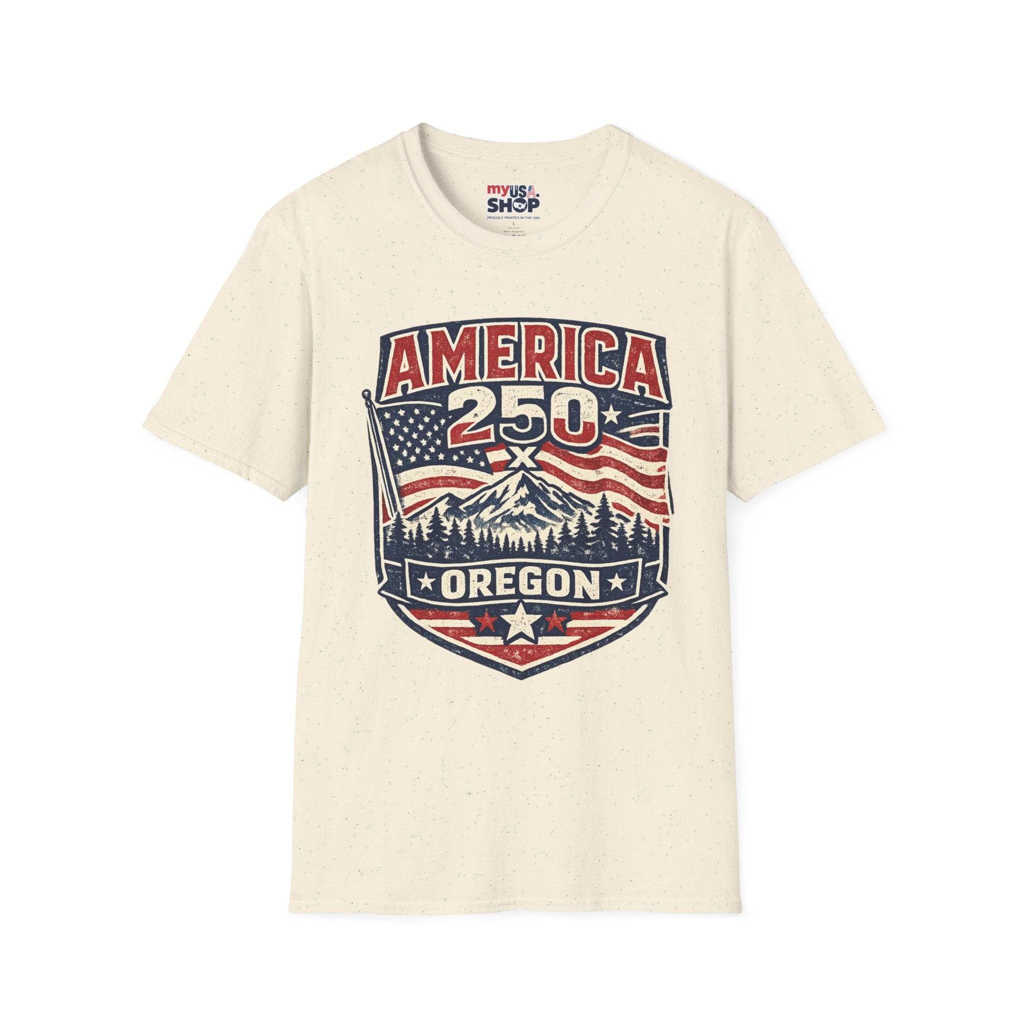 America 250 Oregon Shirt — Patriotic Mountain Flag Badge Tee