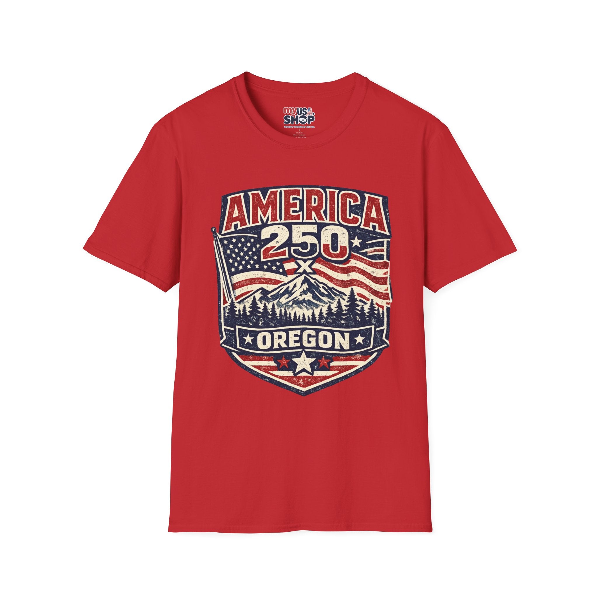 America 250 Oregon Shirt — Patriotic Mountain Flag Badge Tee